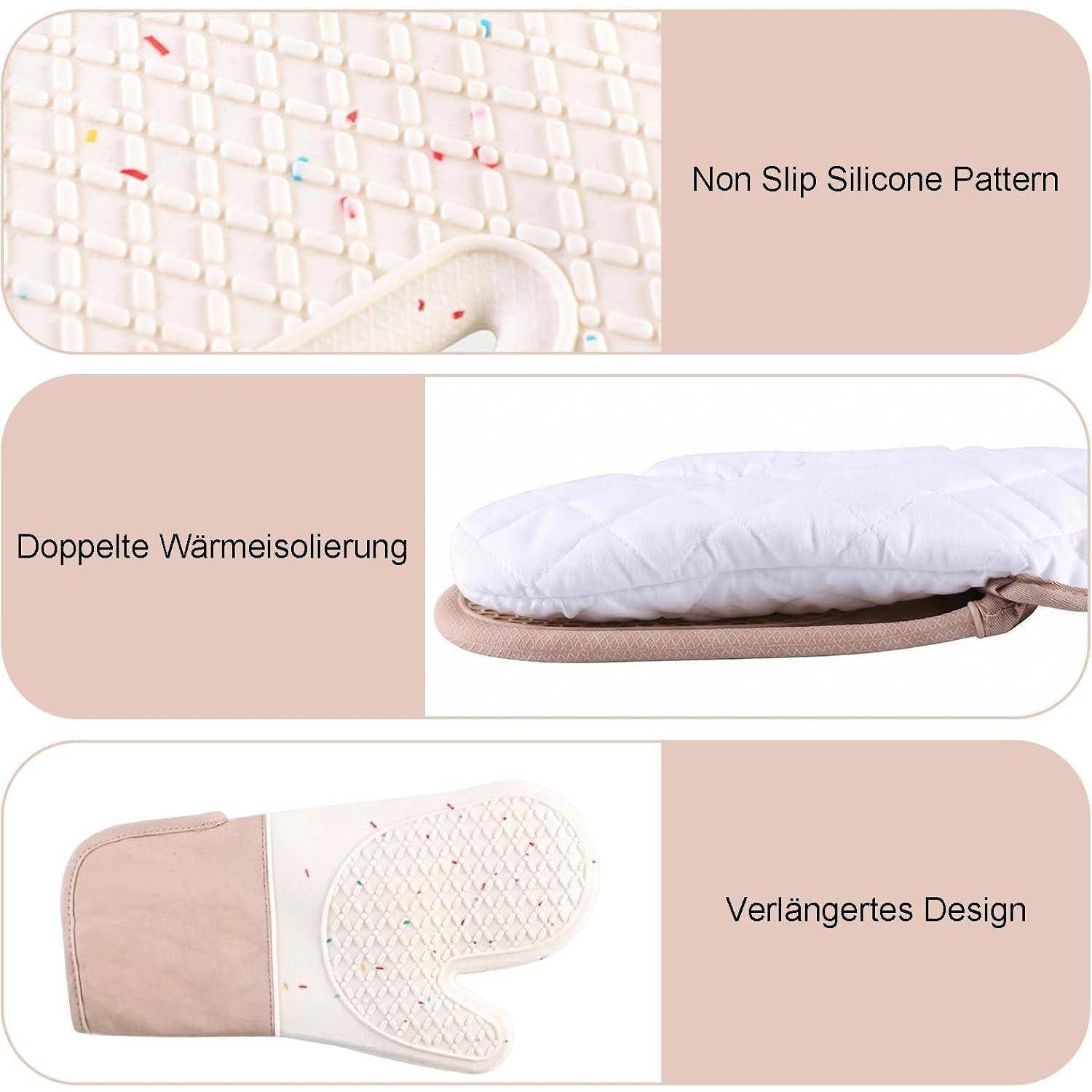 Infografik mit drei Produktmerkmalen: rutschsicheres Silikonmuster, doppelte Wärmeisolierung und erweitertes Design.