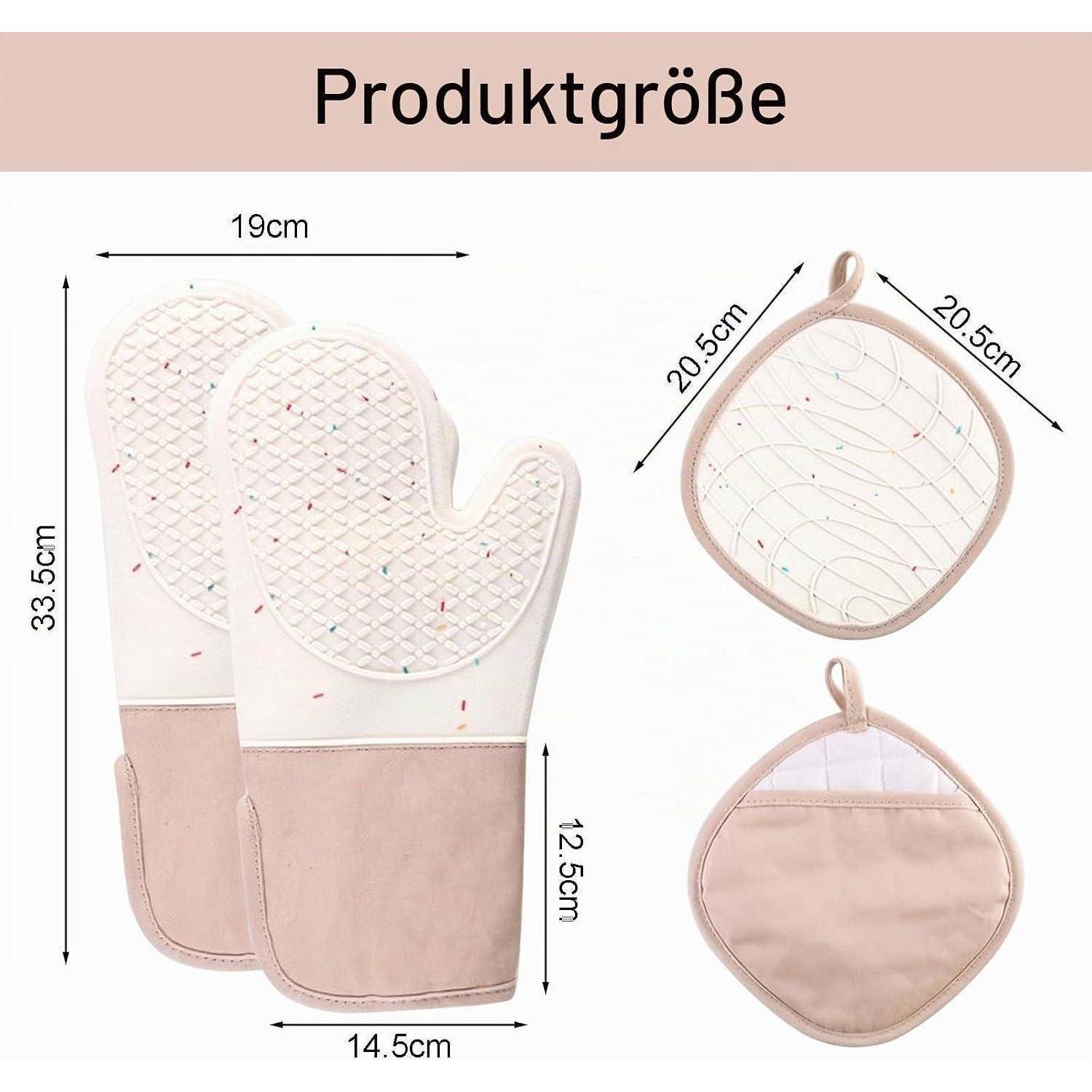 Größentabelle für einen gesteppten beige Ofenhandschuh/Topflappen mit den Maßen: 33,5 cm hoch, 19 cm breit, 14,5 cm Handflächenbreite und 20,5 cm quadratischer Topflappen.