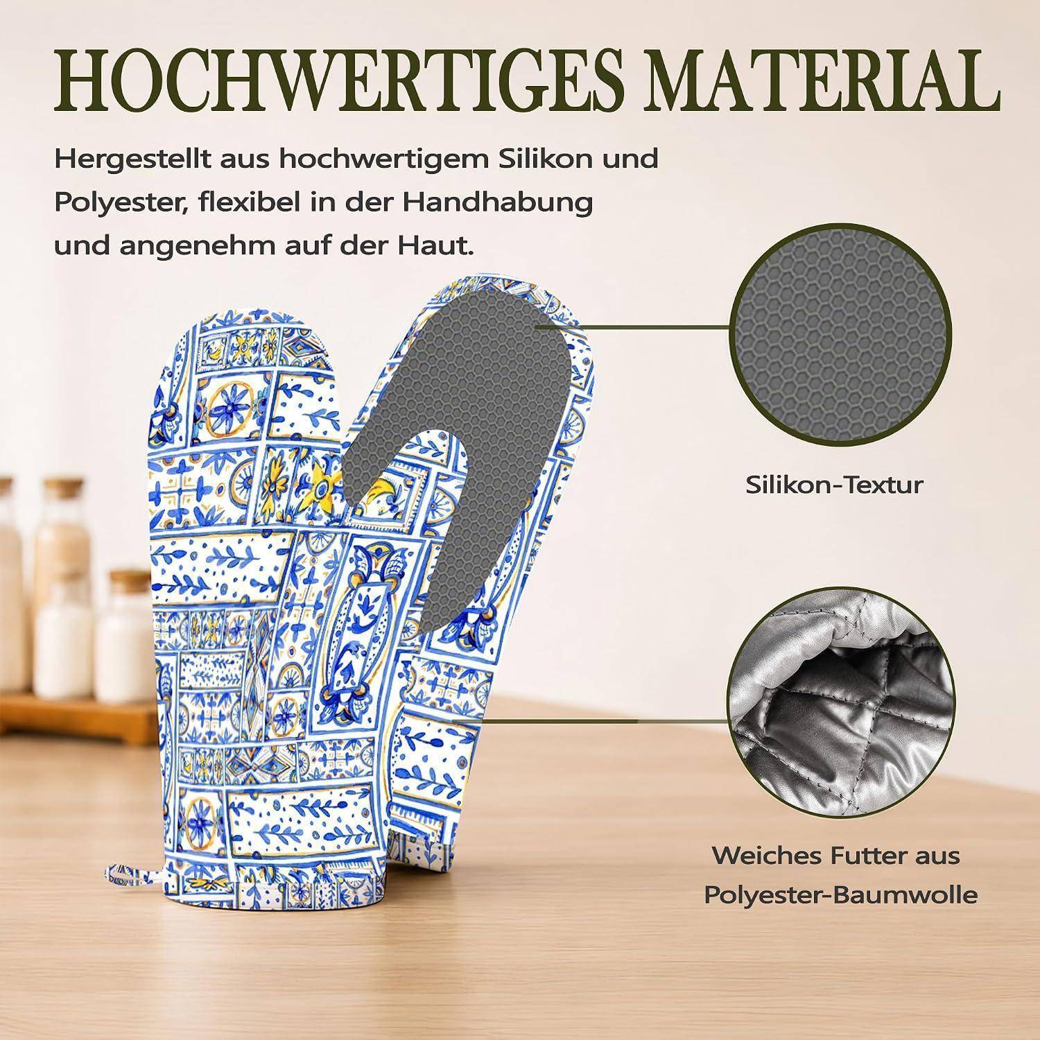 Abbildung eines gemusterten Ofenhandschuhs mit Beschriftungen, die 'Silikon-Textur' und 'Weiches Futter aus Polyester-Baumwolle' zeigen, wobei hochwertige Silikon- und Polyestermaterialien beworben werden.