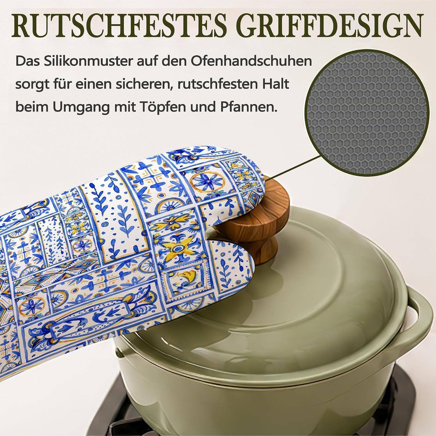 Deutscher Werbeanzeige mit einem Ofenhandschuh mit Silikonmuster für einen sicheren, rutschfesten Griff beim Handhaben von heißem Topf und Pfanne.