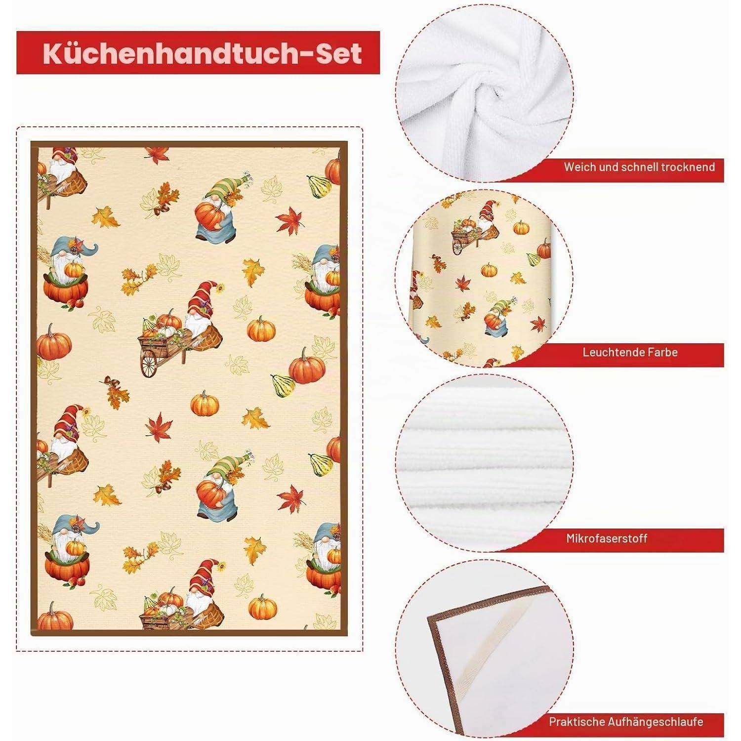Küchentuch-Set mit Gnom-und-Kürbis-Herbstmuster, gezeigt mit Detailausschnitten für weiches schnelltrocknende Mikrofaser, leuchtende Farbe und Aufhängeschlaufe.