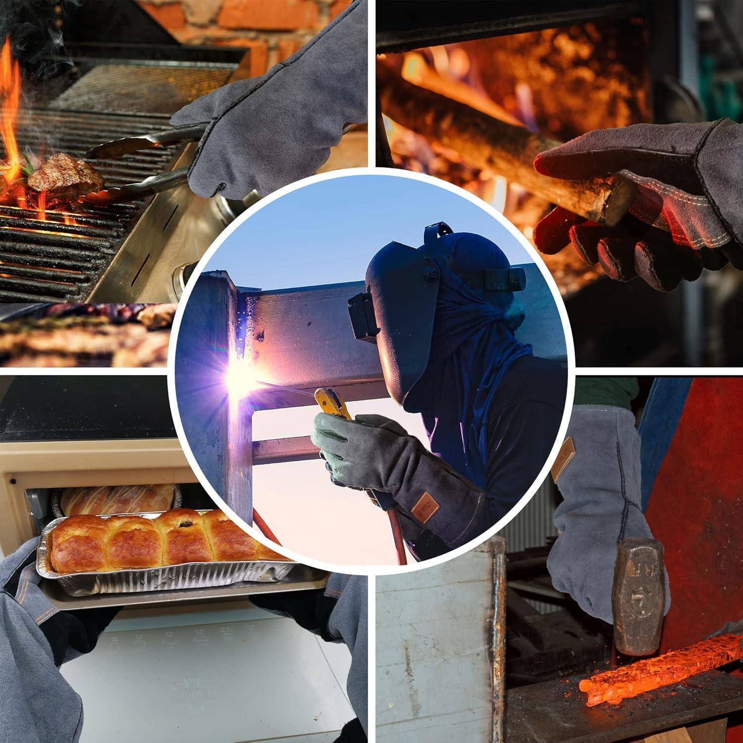 Collage eines Schweißers und behandschuhter Hände, die mit heißem Metall und einem Grill arbeiten, mit Funken, Flammen und gebackener Nahrung in einem Ofen.