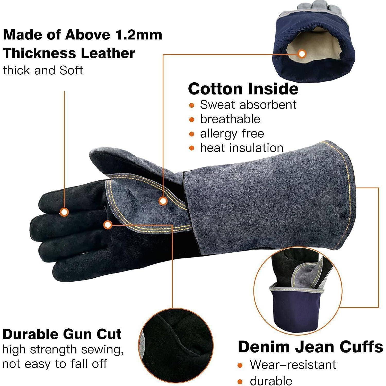 Illustrierte isolierte Arbeitshandschuhe aus dickem Leder mit Baumwollfutter und Denimmanschetten; Etiketten heben schweißabsorbierende, atmungsaktive, langlebige und wärmeisolierende Eigenschaften hervor.
