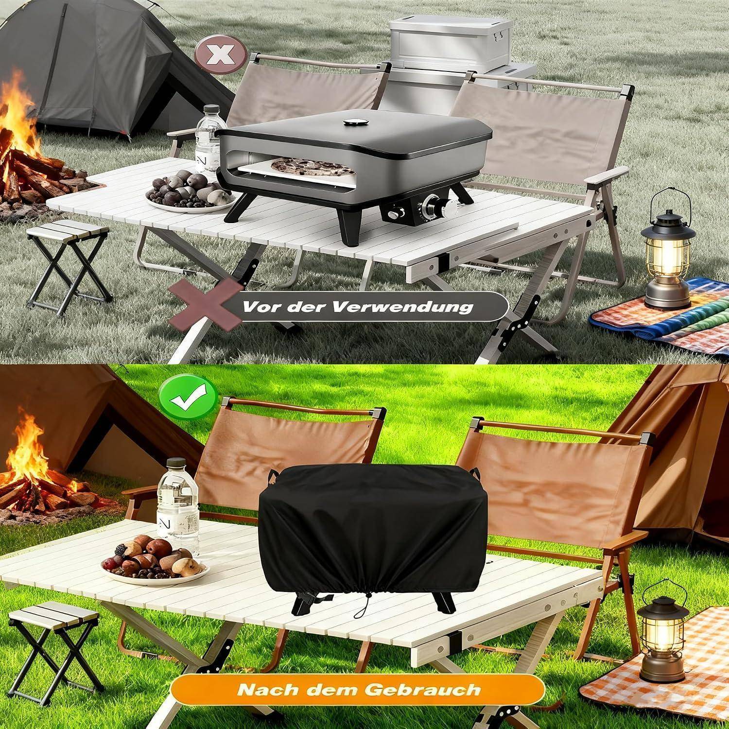 Geteiltes Bild, das einen abgedeckten Grill zeigt: oben „Vor der Verwendung