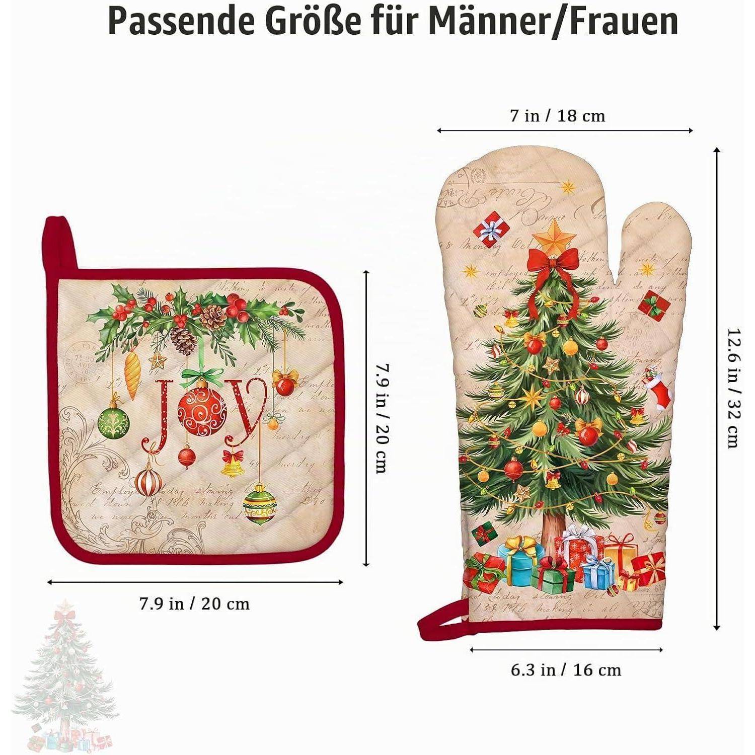 Bild mit Weihnachtskochhandschuhen und Topflappen in Größen für Männer/Frauen mit „Joy