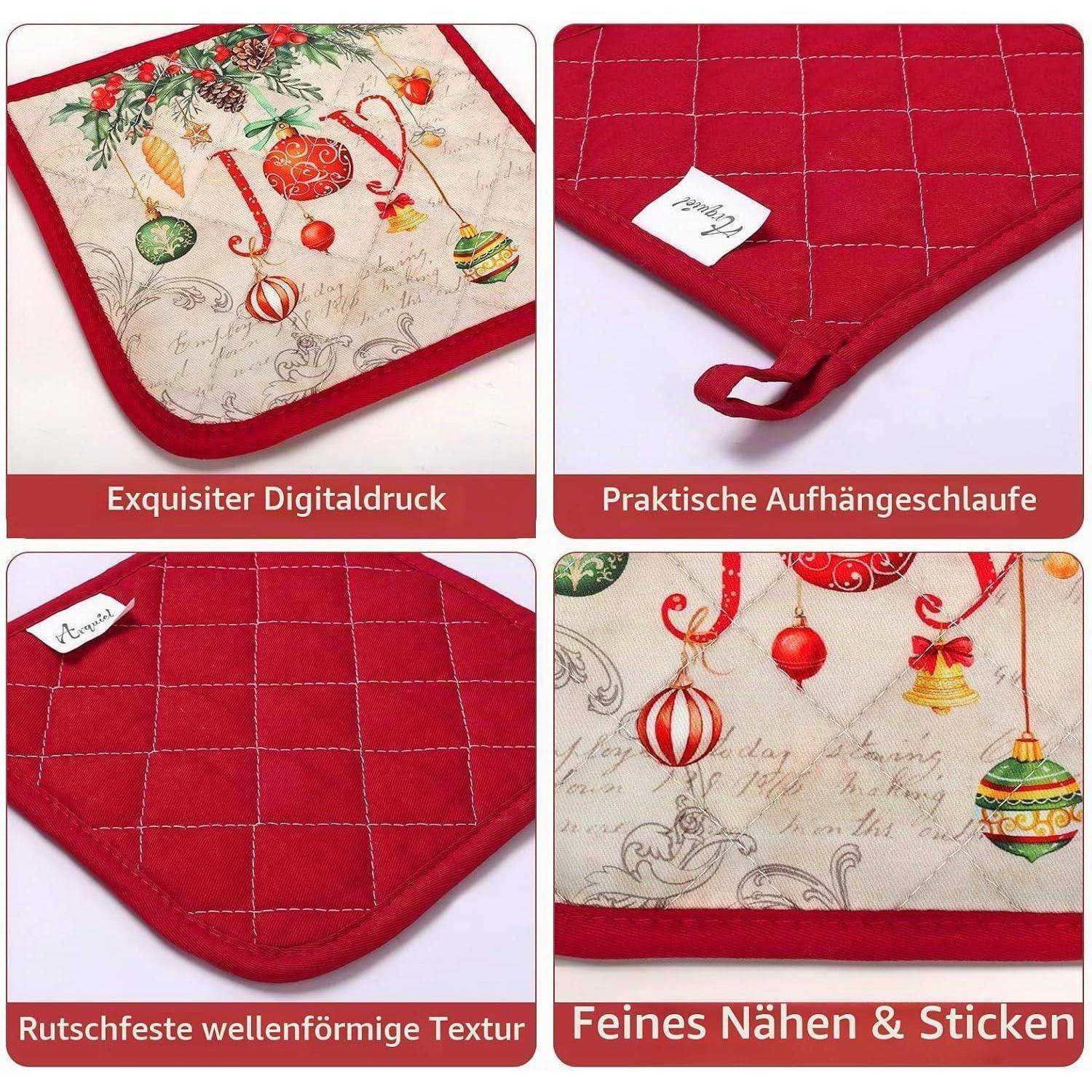 Collage mit einer roten, weihnachtlich gestalteten gesteppten Tischunterlage mit Ornamentdruck, Aufhängeschlaufe, rutschfestem strukturiertem Rücken und feinen Steppnaht-Details.