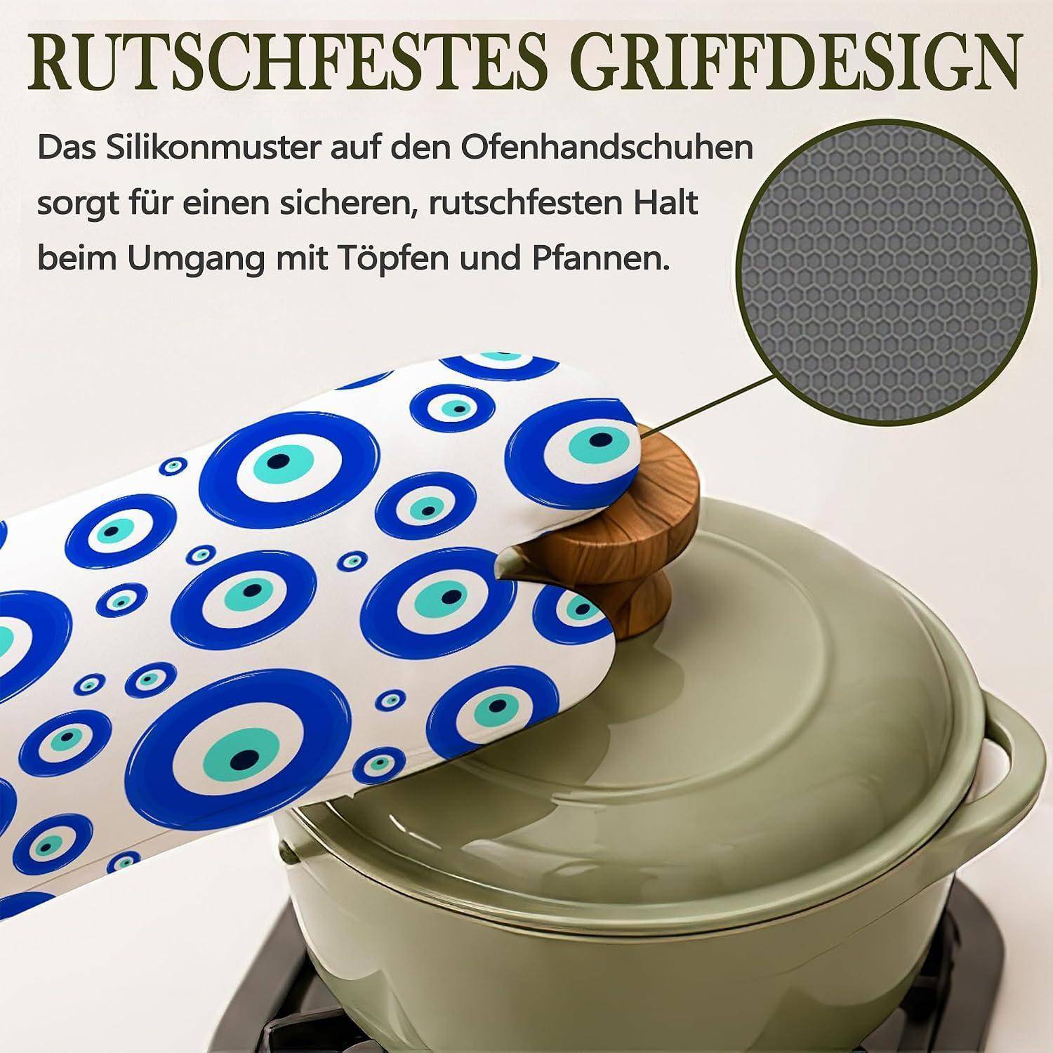 Ofenhandschuh mit Silikongreifmuster hält einen heißen Topf sicher; deutscher Text hebt das rutschfeste Design für sicheren Umgang mit Töpfen und Pfannen hervor.