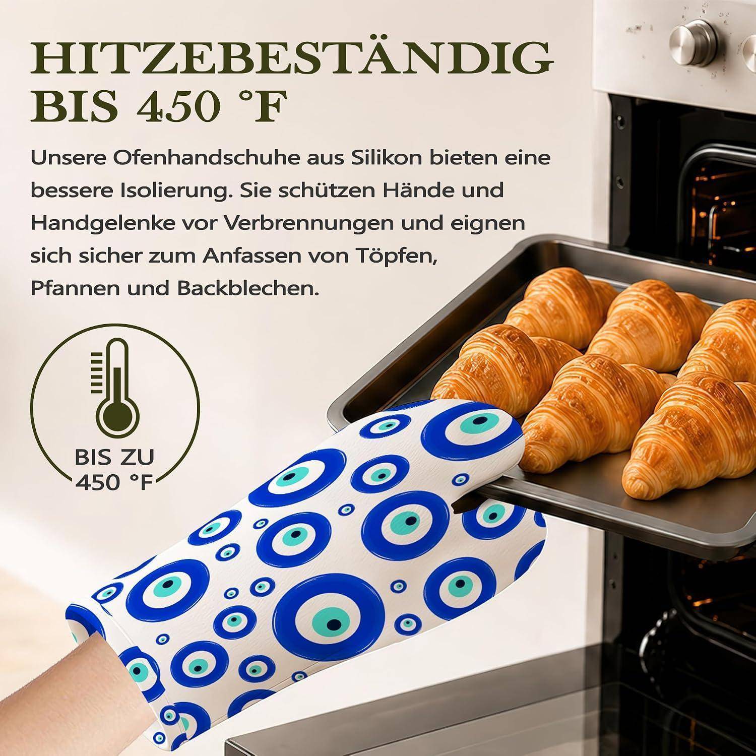 Silikon-Ofenhandschuhe mit einer Hand, die ein heißes Backblech mit Croissants hält; der Text besagt hitzebeständig bis 450°F und besserer Schutz vor Verbrennungen.