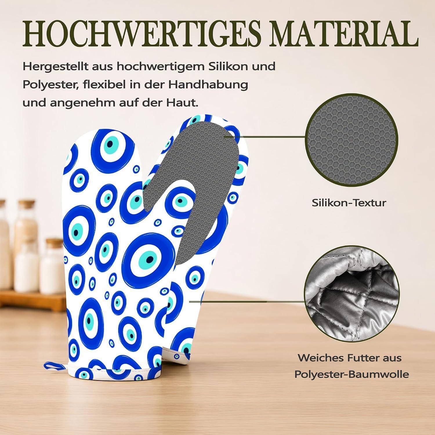 Illustration einer Ofenhandschuh mit blauem Ringmuster, beschriftet mit „Hochwertiges Material