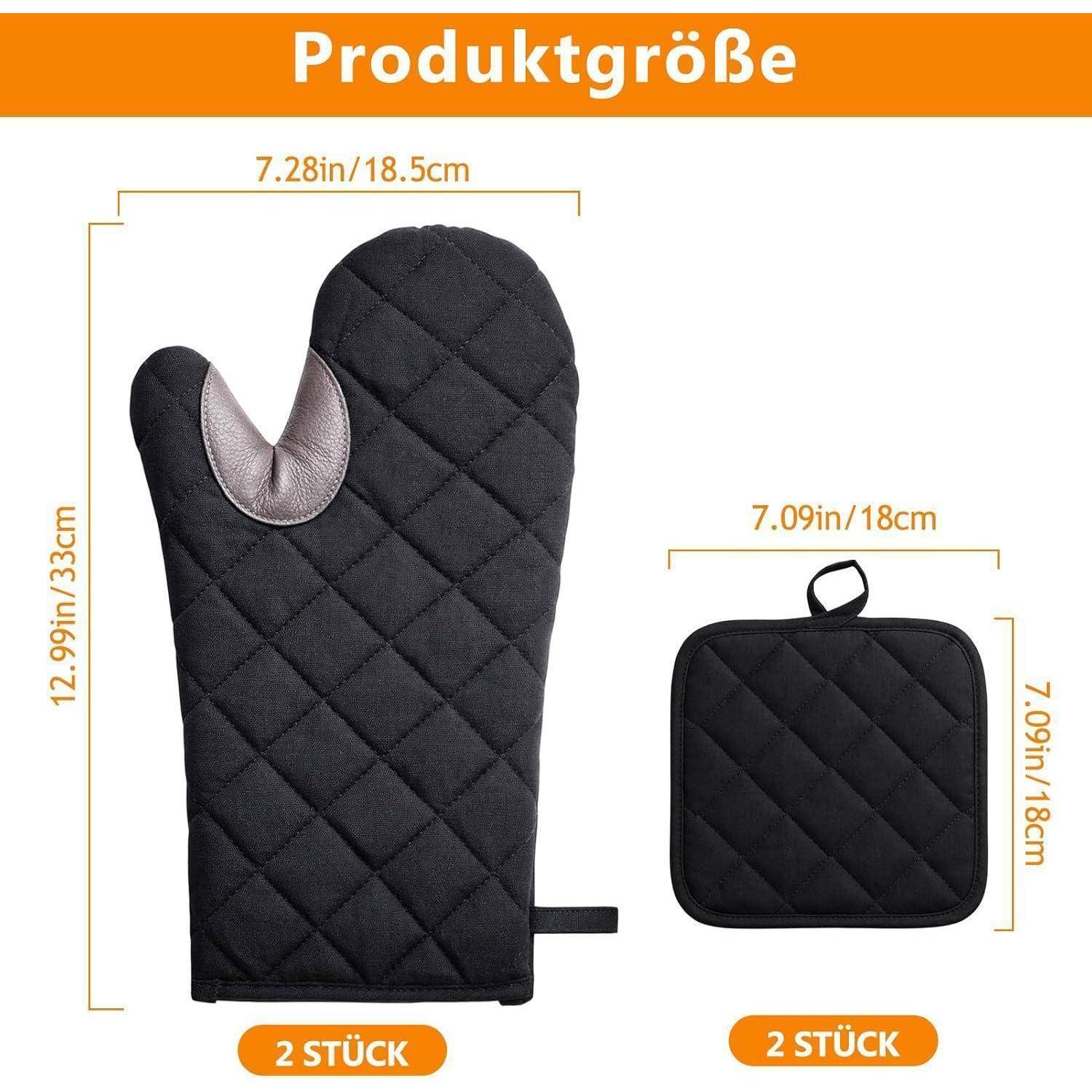 Größentabelle des Produkts zeigt einen schwarzen gesteppten Ofenhandschuh und eine passende quadratische Topflappen, beide mit der Bezeichnung „2 STÜCK