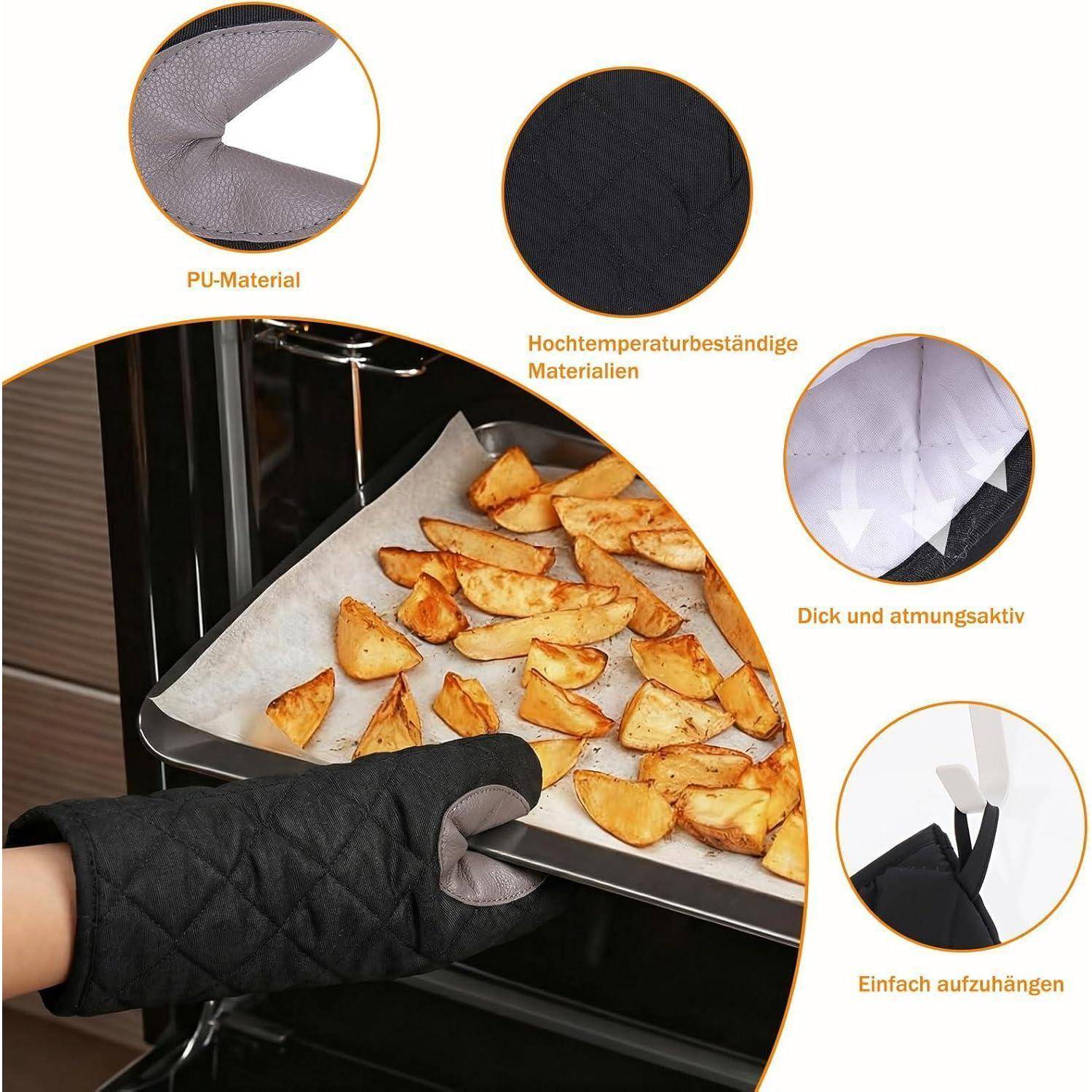 Ofenhandschuh greift ein heißes Backblech mit gerösteten Kartoffelecken, mit Beschriftungen, die das PU-Material, die Hitzebeständigkeit, die atmungsaktive Dicke und eine Aufhängungsschlaufe hervorheben.
