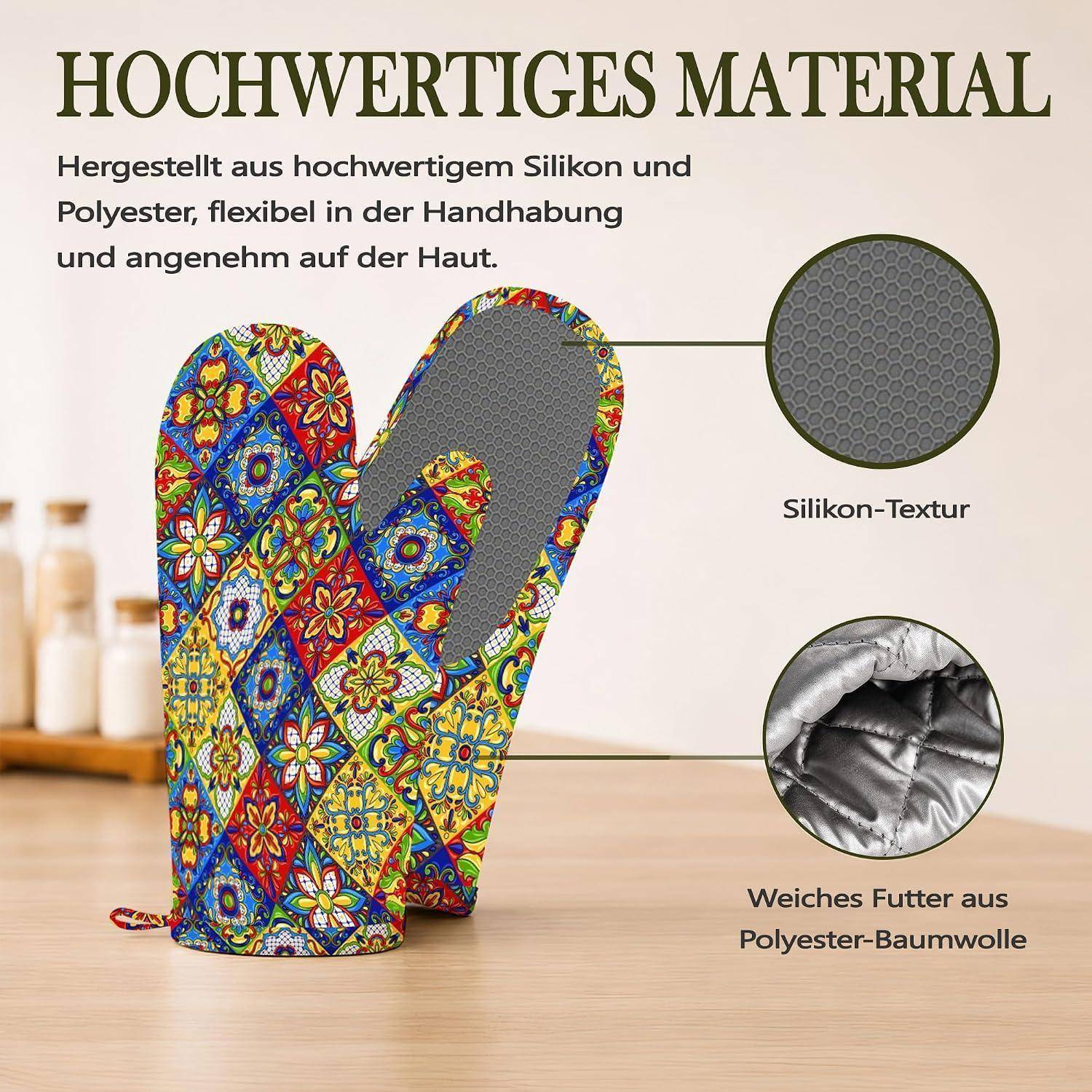 Deutsches Produktbild mit farbenfrohen gemusterten Ofenhandschuhen und dem Text „HOCHWERTIGES MATERIAL