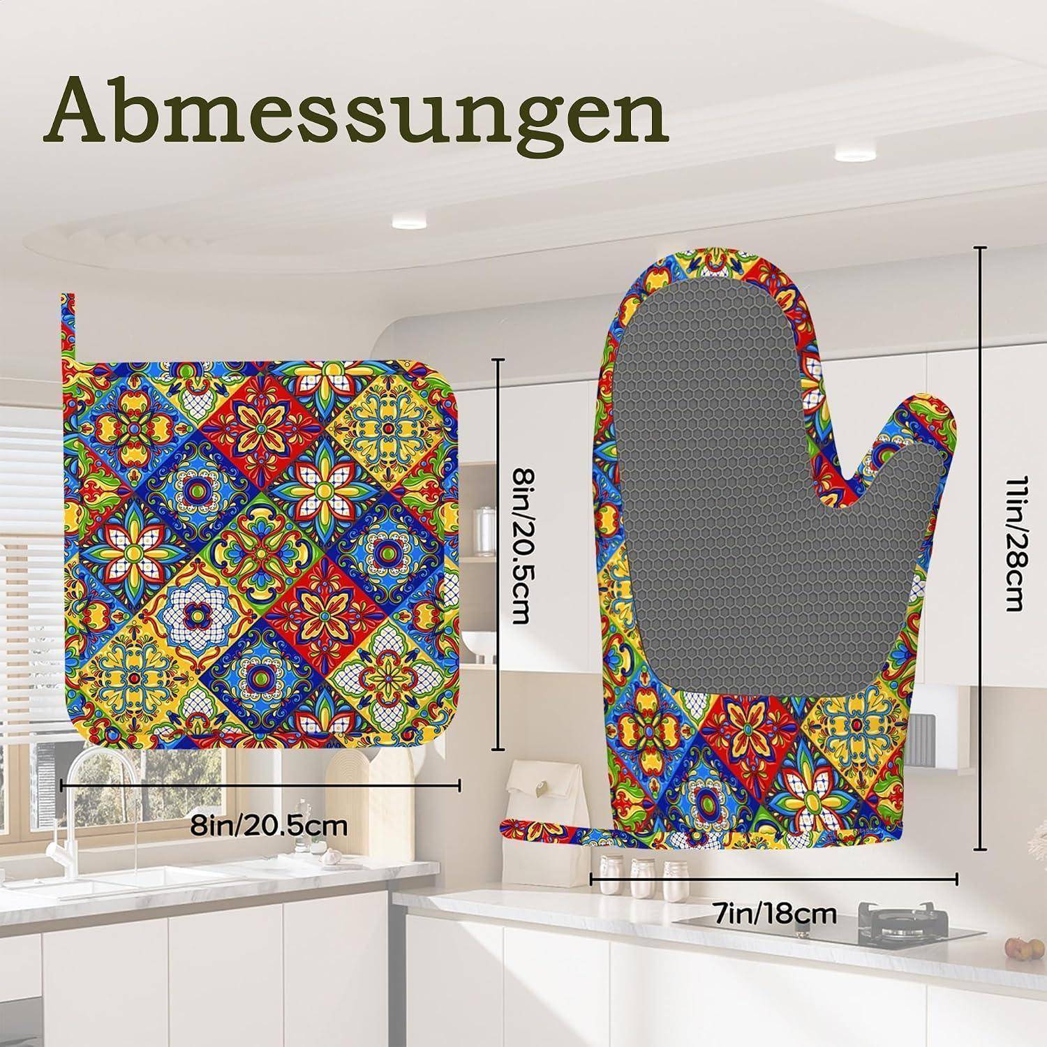 Ofenhandschuh-Größentabelle mit einem gesteppten mehrfarbigen gemusterten Handschuh, 11 Zoll/28 cm hoch und 7 Zoll/18 cm breit, sowie einem quadratischen Untersetzer, 8 Zoll/20,5 cm x 8 Zoll/20,5 cm.