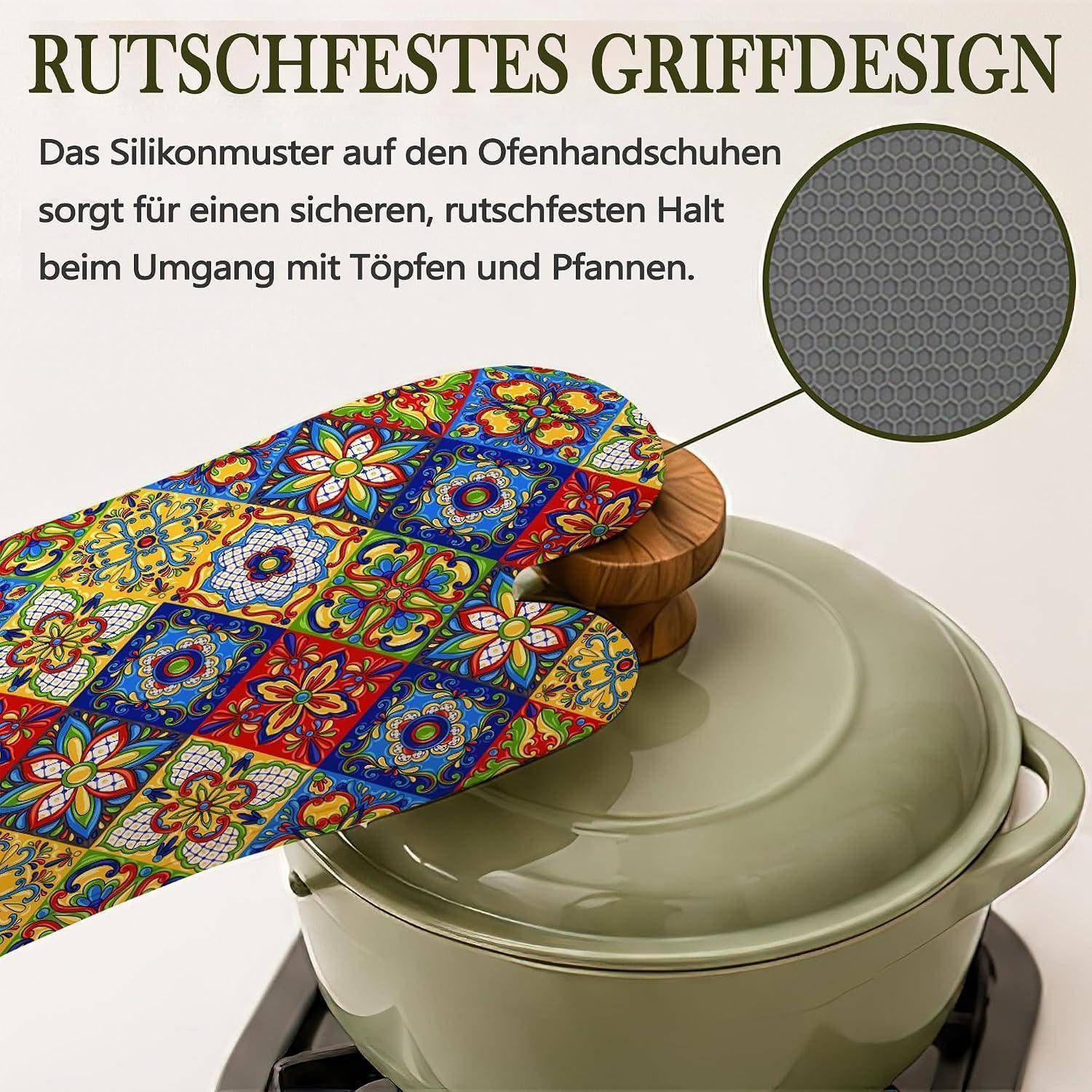 Ofenhandschuh, der einen Topfgriff hält; deutscher Text sagt 