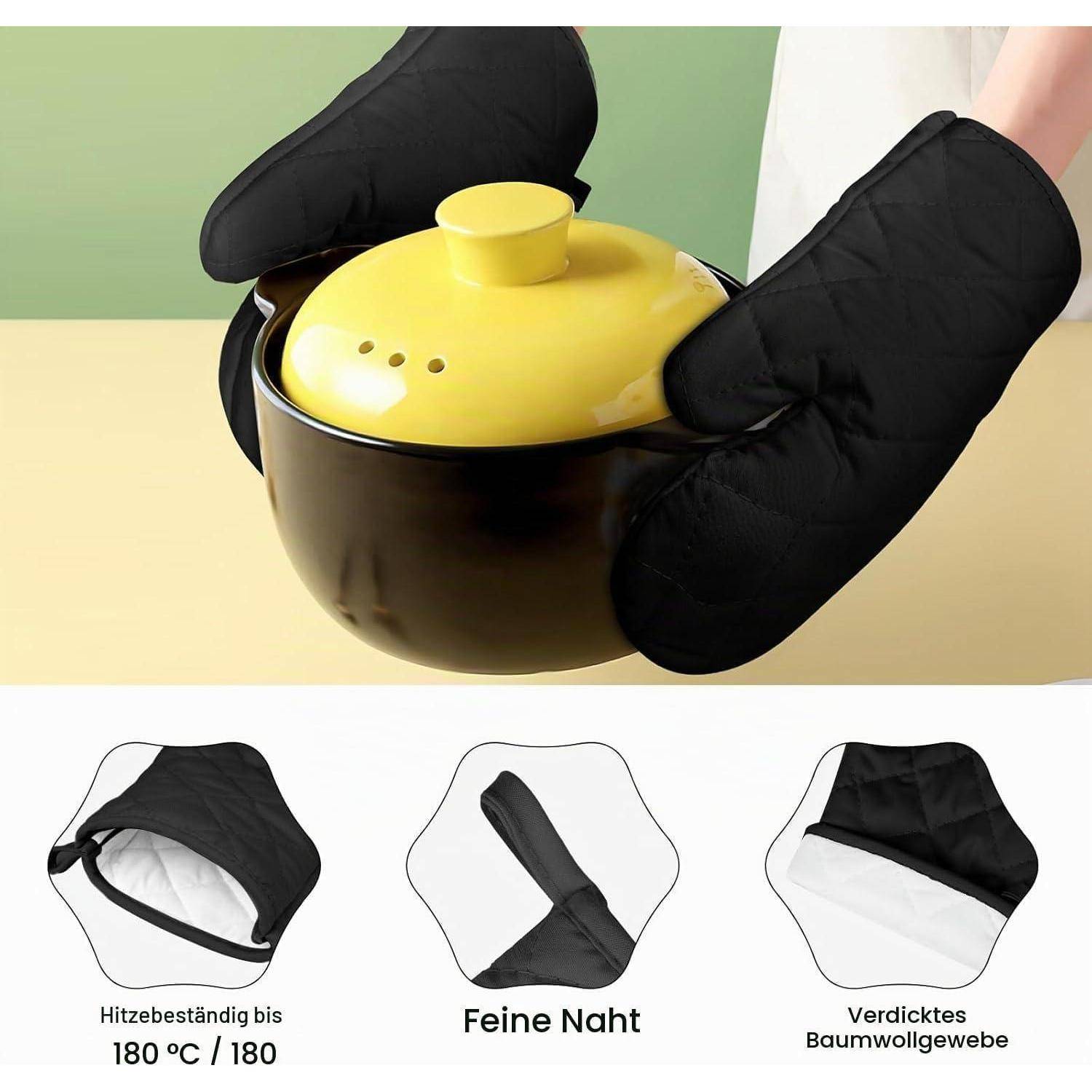 Person trägt schwarze Ofenhandschuhe und hält eine schwarze Schüssel mit gelbem Deckel; darunter drei Produktmerkmal-Icons mit den Beschriftungen hitzebeständig bis 180°C, feiner Saum und dickes Baumwollgewebe.