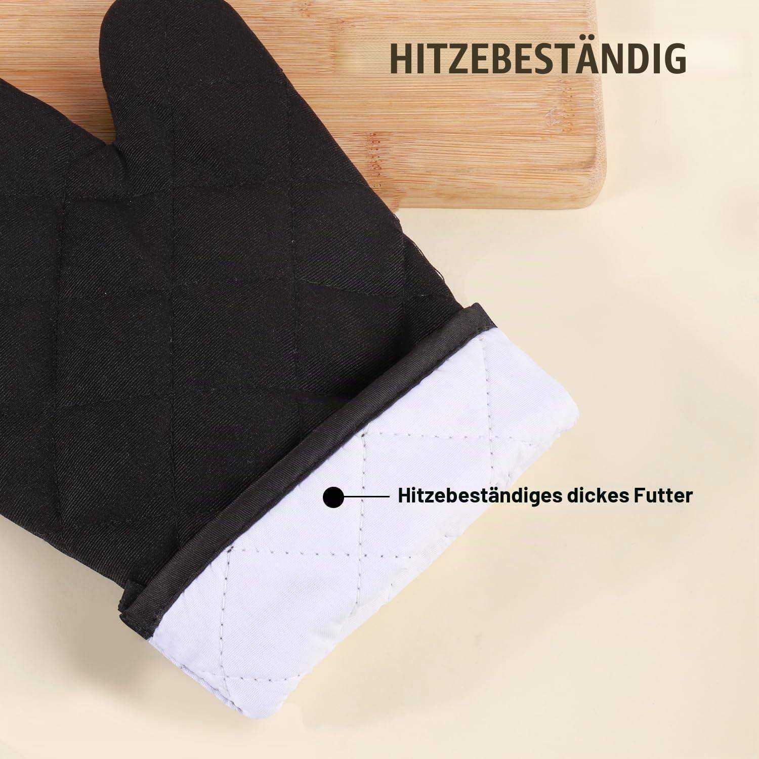 Hitzebeständiger schwarzer Ofenhandschuh mit dickem weiß gestepptem Futter, gekennzeichnet mit 'HITZEBESTÄNDIG' und 'Hitzebeständiges dickes Futter'.