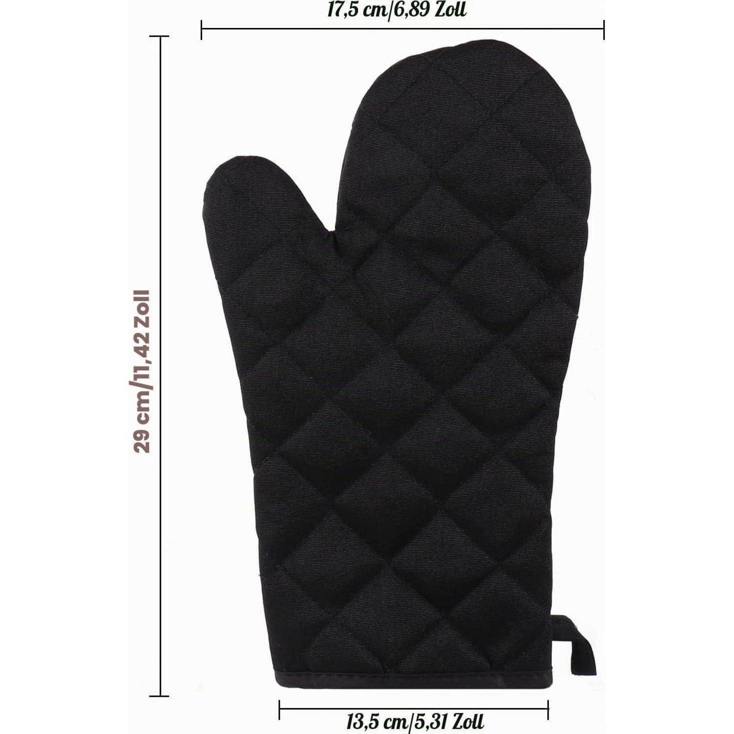 Schwarzer gesteppter Ofenhandschuh in Vorderansicht mit Größenangaben: 29 cm Höhe und 17,5 cm Breite; untere Breite 13,5 cm.