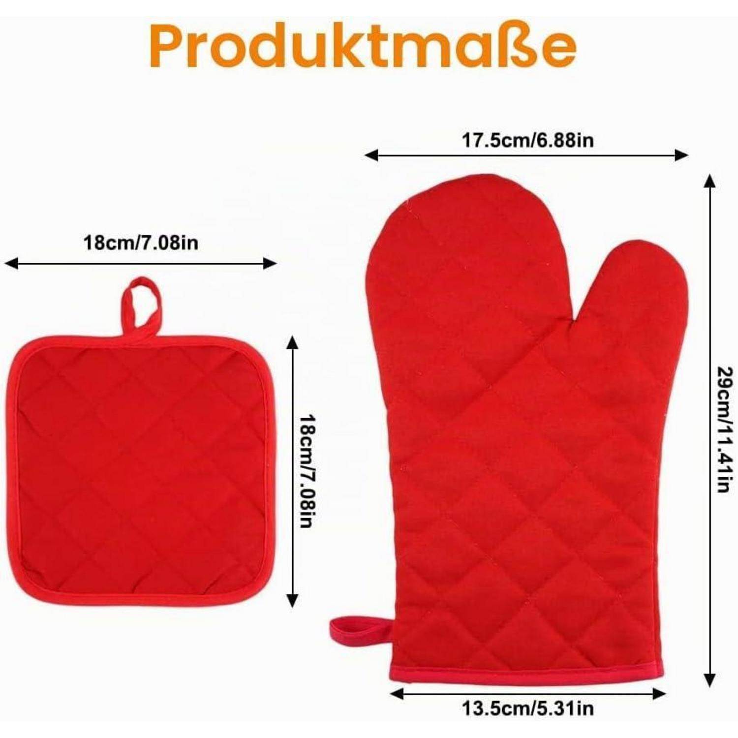 Produktgrößendiagramm mit einem roten gesteppten Ofenhandschuh und passender quadratischer Topflappen, mit Abmessungen in cm und Zoll gekennzeichnet.