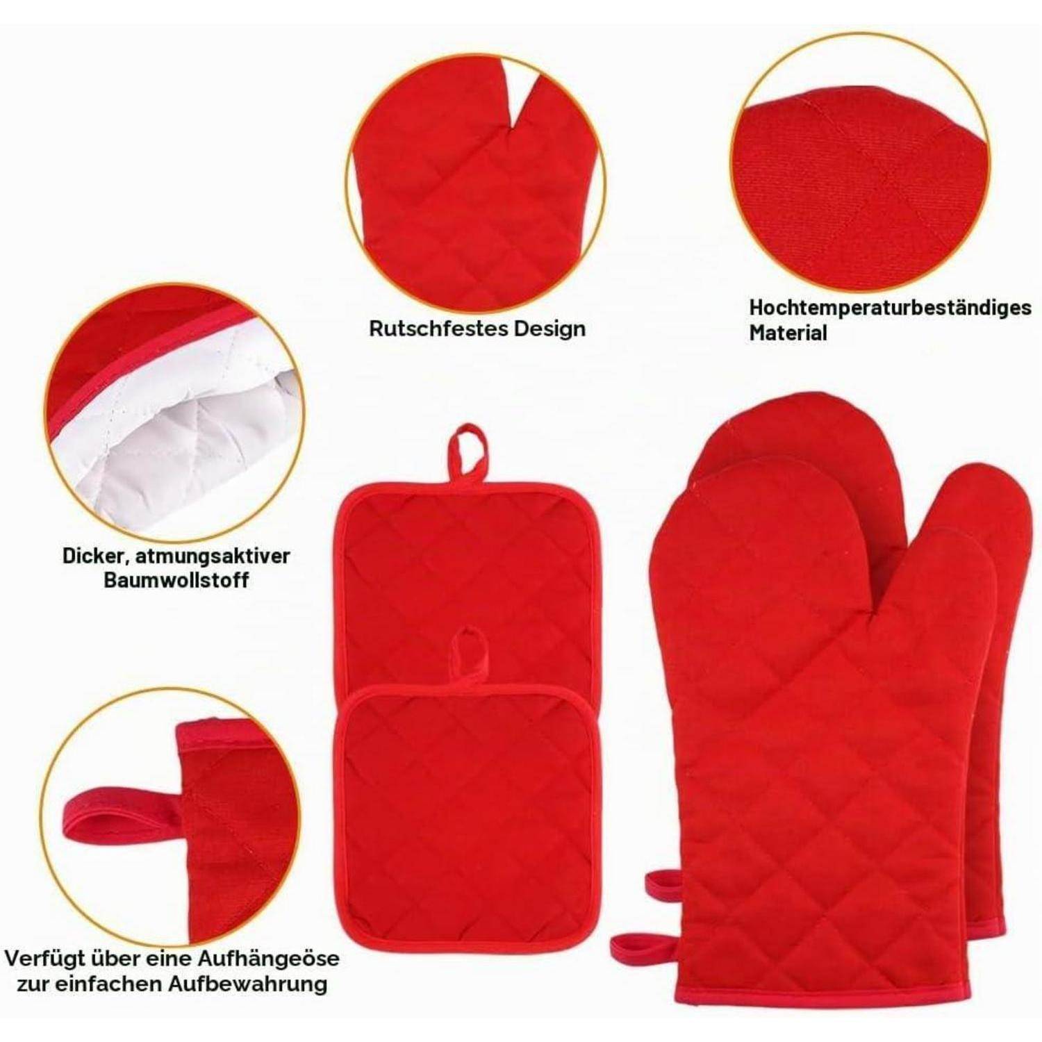 Rote Ofenhandschuh- und Topflappen-Set mit gestepptem, hitzebeständigem, rutschfestem Design; deutsche Etiketten heben die Baumwollfütterung und die Aufhängeschlaufe hervor.