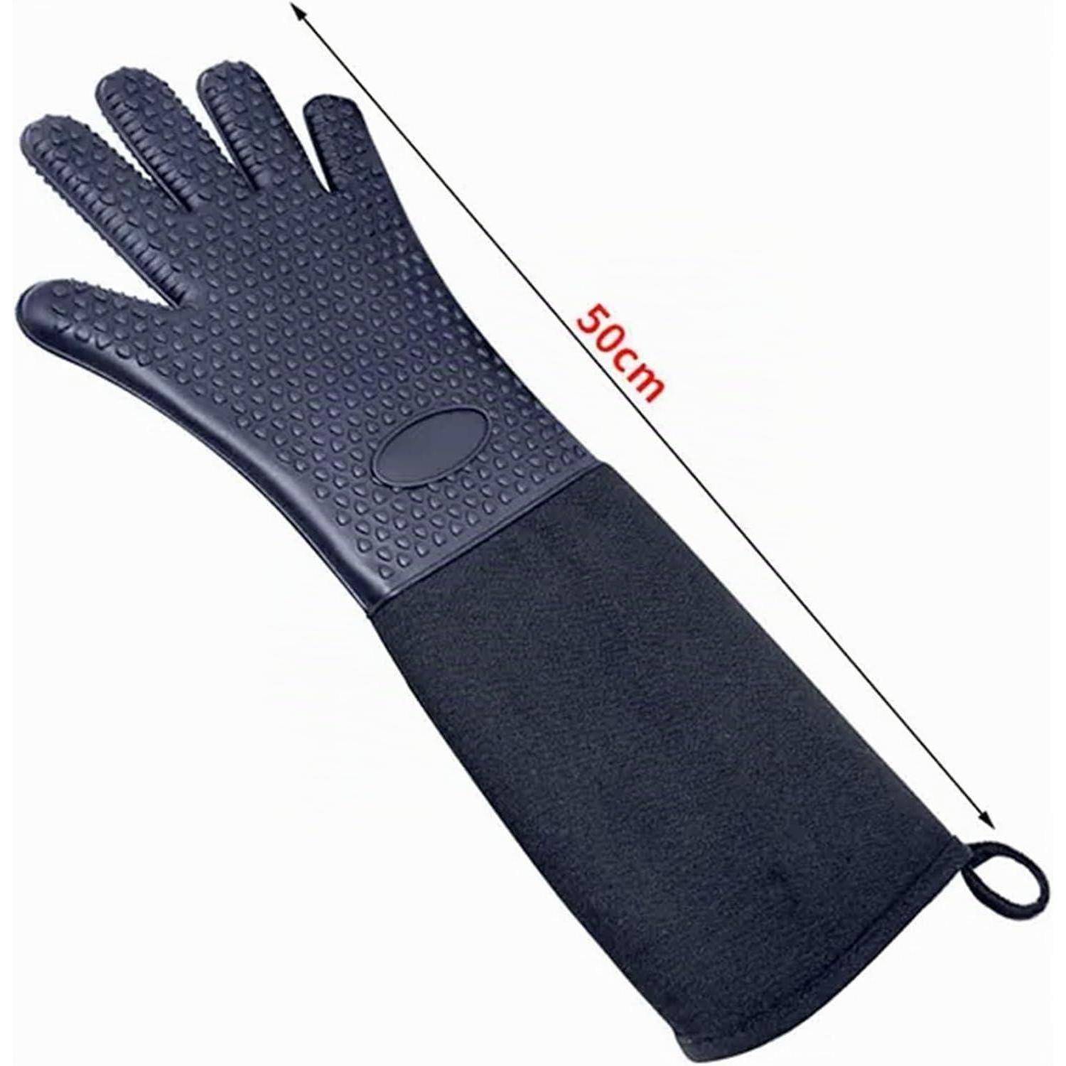 Schwarzer Schutzhandschuh mit strukturierter Handfläche und langem Stulpenbündchen, mit Längenangabe von 50 cm gekennzeichnet.