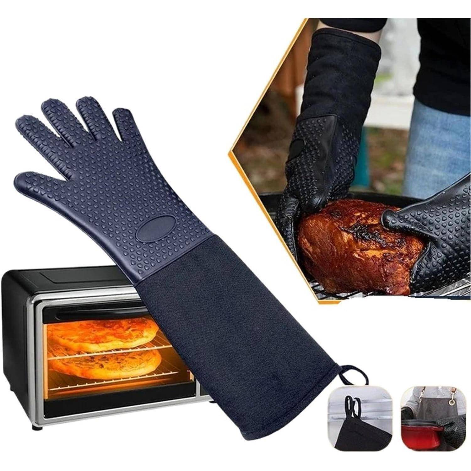 Hitzebeständige Ofenhandschuhe mit strukturierter Griffoberfläche, abgebildet beim Handling von heißen Lebensmitteln in der Nähe von Ofen und Grill, mit kleinen Transporttasche-Einsätzen.