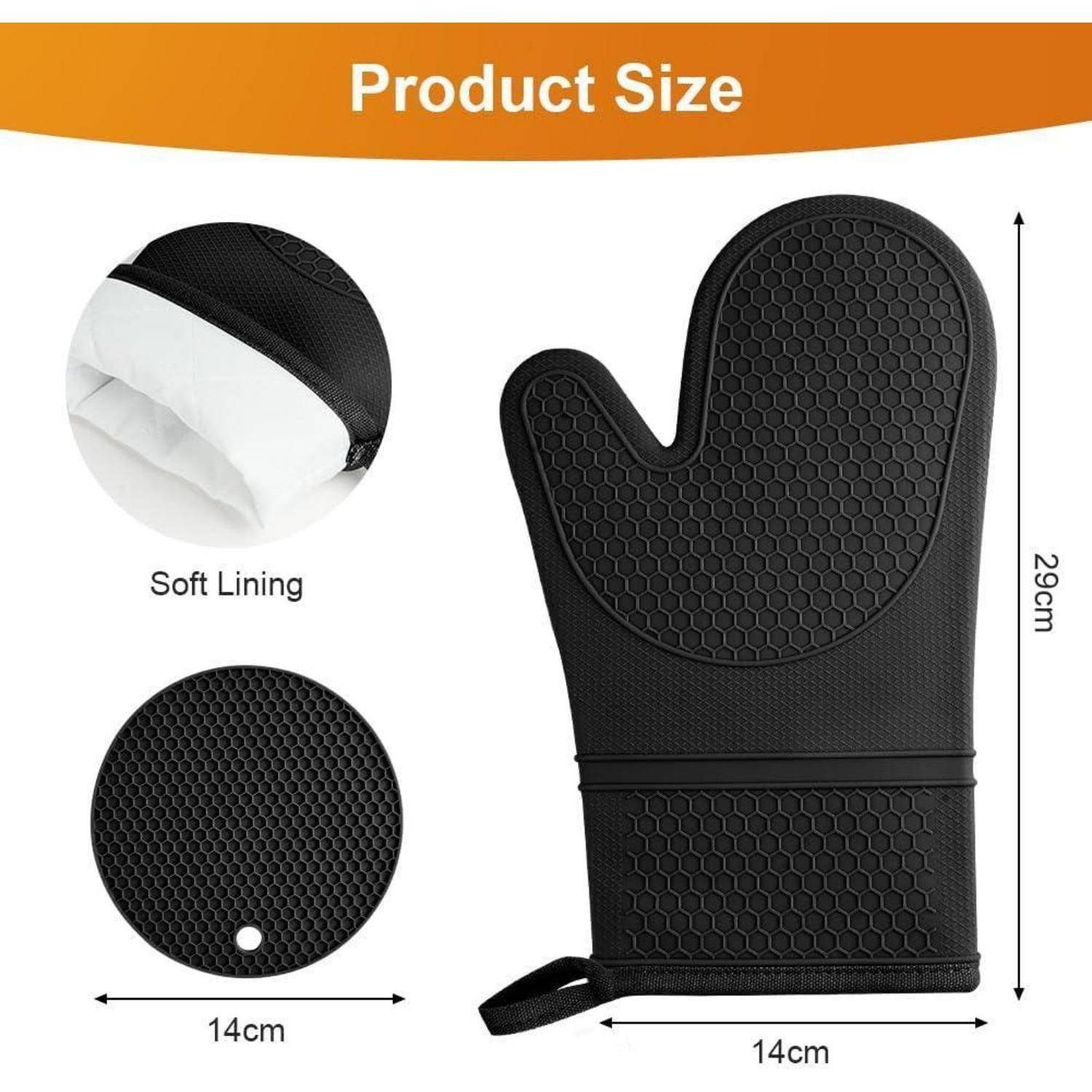Größendiagramm eines schwarzen Ofenhandschuhs: 29 cm hoch und 14 cm breit, mit weicher Fütterung in einer vergrößerten Detailansicht dargestellt.