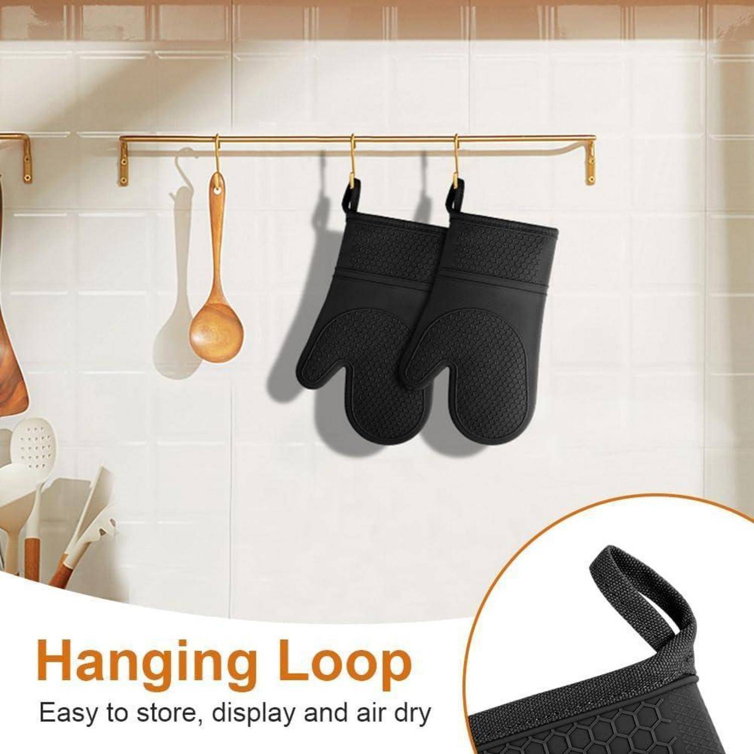 Schwarze Topfhandschuhe an einer Küchenleiste aufgehängt, dargestellt als Lager- und Lufttrocknungslösung mit dem Text „Aufhängeschlaufe