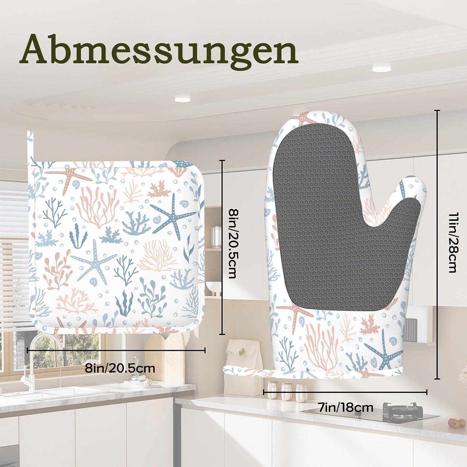 Messskizze für einen Ofenhandschuh mit Blumenmuster: Quadratgröße 8 Zoll/20,5 cm breit und 8 Zoll/20,5 cm hoch; Handschuhgröße 7 Zoll/18 cm breit und 11 Zoll/28 cm hoch.