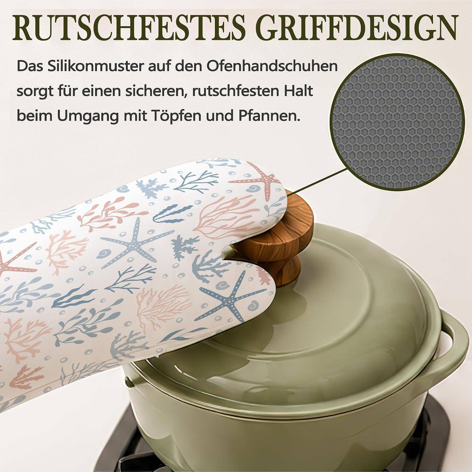Ofenhandschuh mit Silikongriff, der einen Topfdeckel hält; deutscher Text sagt „Rutschfestes Griffdesign