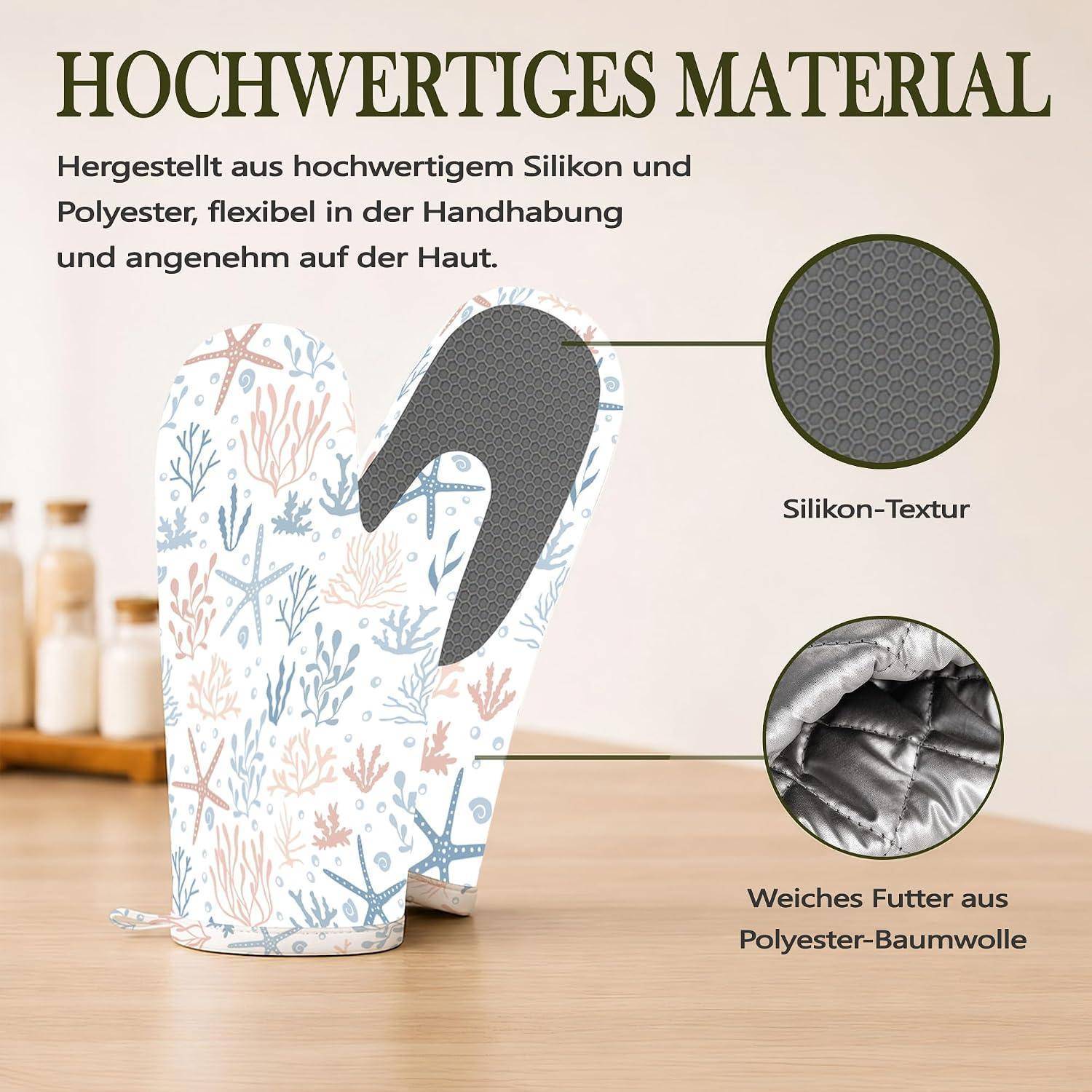 Ofenhandschuhe Topflappen Set 4tlg Korallen Seestern Hitzebeständig Silikon Rutschfest