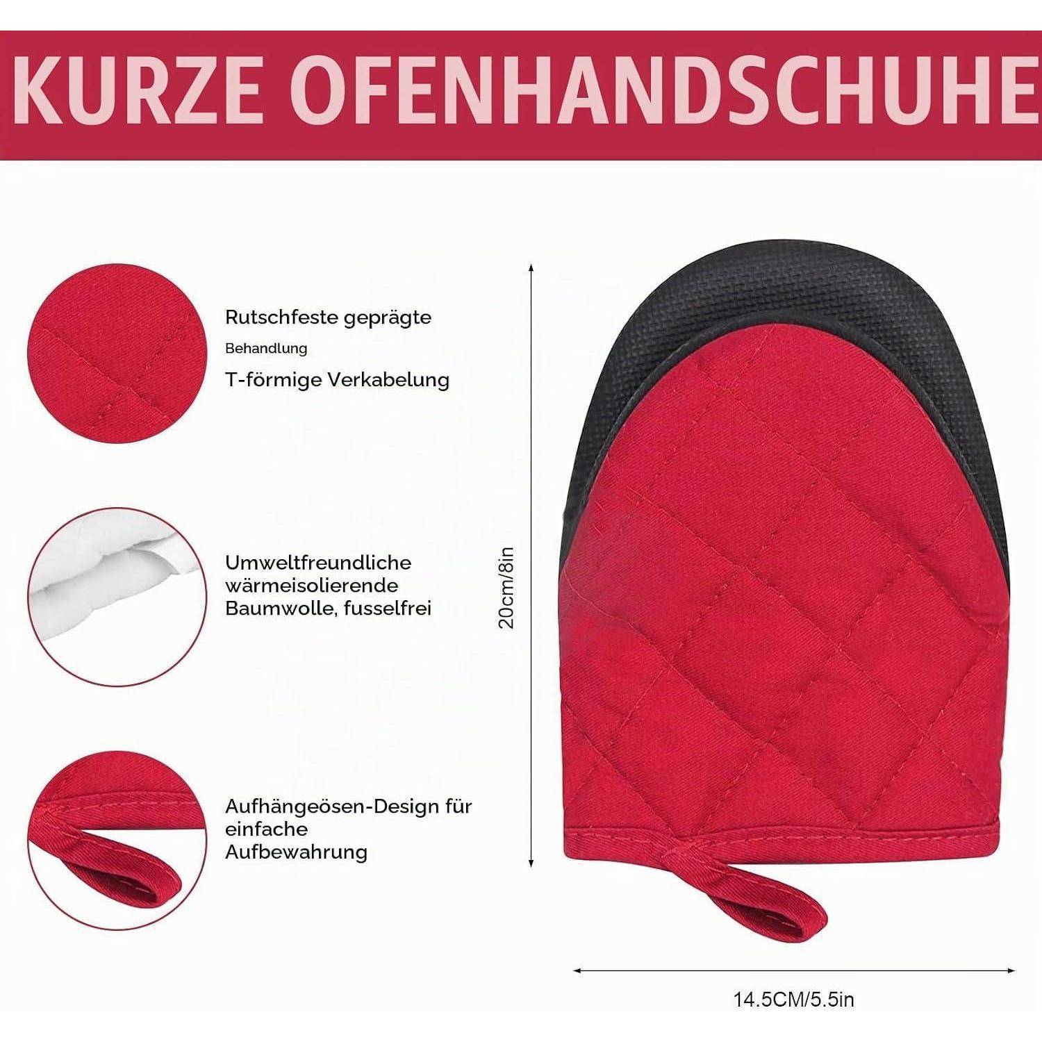 Produktbild eines roten kurzen Ofenhandschuhs mit schwarzer Manschette, dargestellt mit deutschen Funktionsbeschriftungen und Größenetiketten 20cm/8in Höhe, 14,5cm/5,5in Breite.