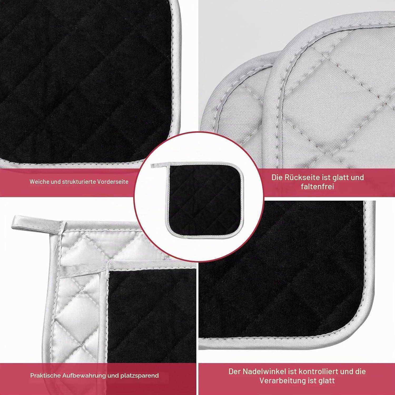 Collage eines gesteppten Stoff-Artikels in Weiß und Schwarz, gezeigt von vorn und hinten, mit Hervorhebung der weich strukturierten Vorderseite, glatter faltenfreier Rückseite, kompakter Lagerung und sauberer Stepperei.