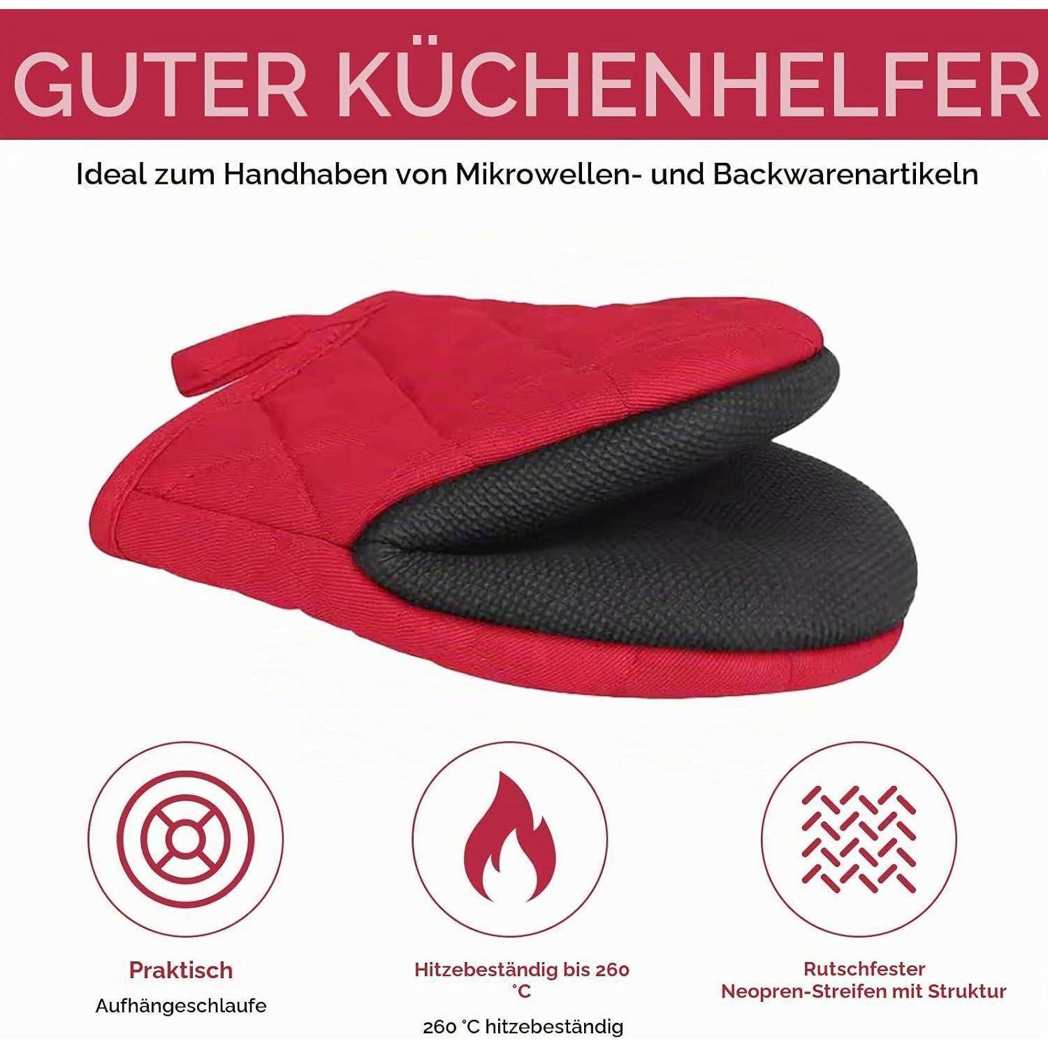 Rotes Ofenhandschuh-Paar mit der Beschriftung „GUTER KÜCHENHELFER