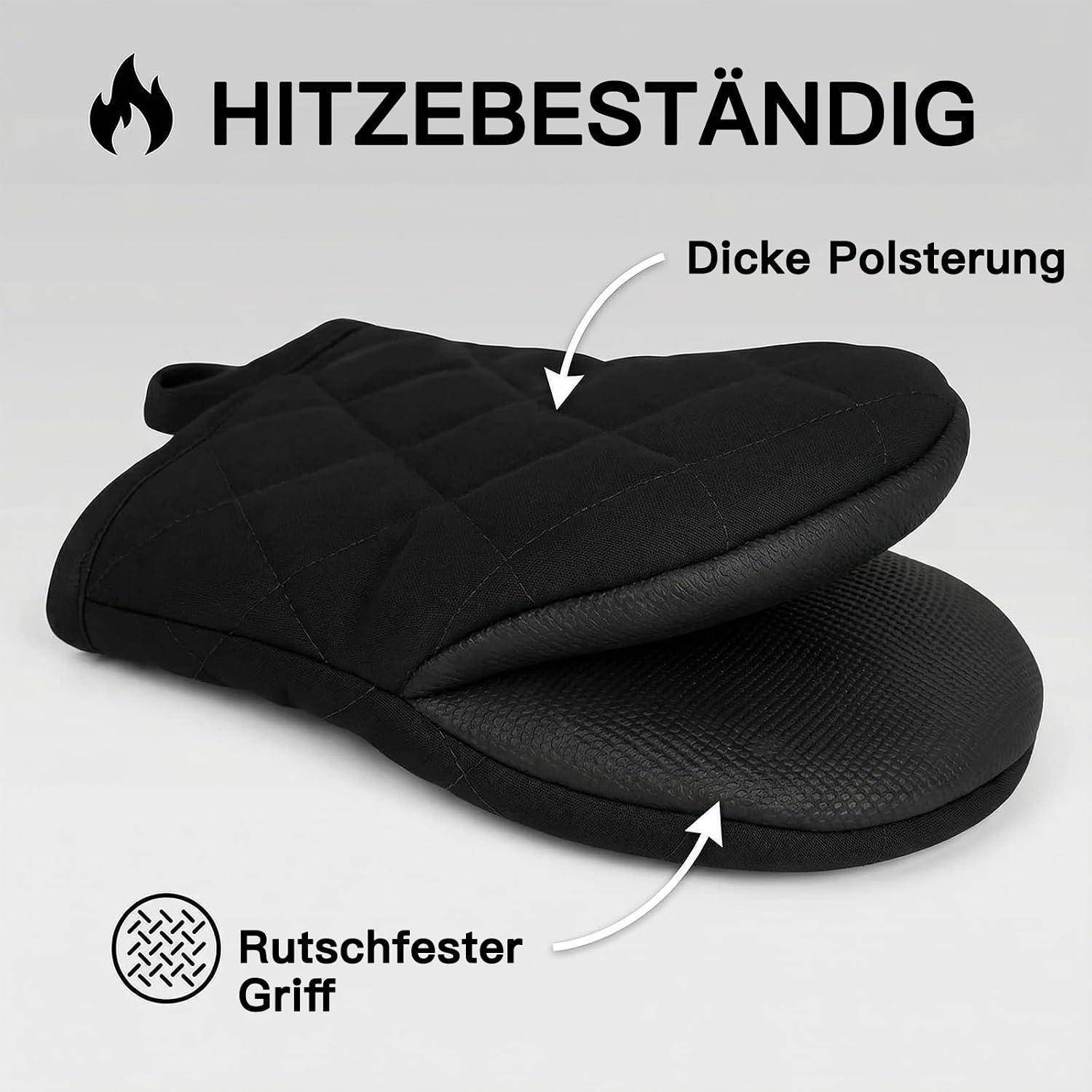 Schwarzer hitzebeständiger Ofenhandschuh mit dicker Polsterung und rutschfestem Griff; Deutsche Etiketten heben 'HITZEBESTÄNDIG', 'Dicke Polsterung' und 'Rutschfester Griff' hervor.