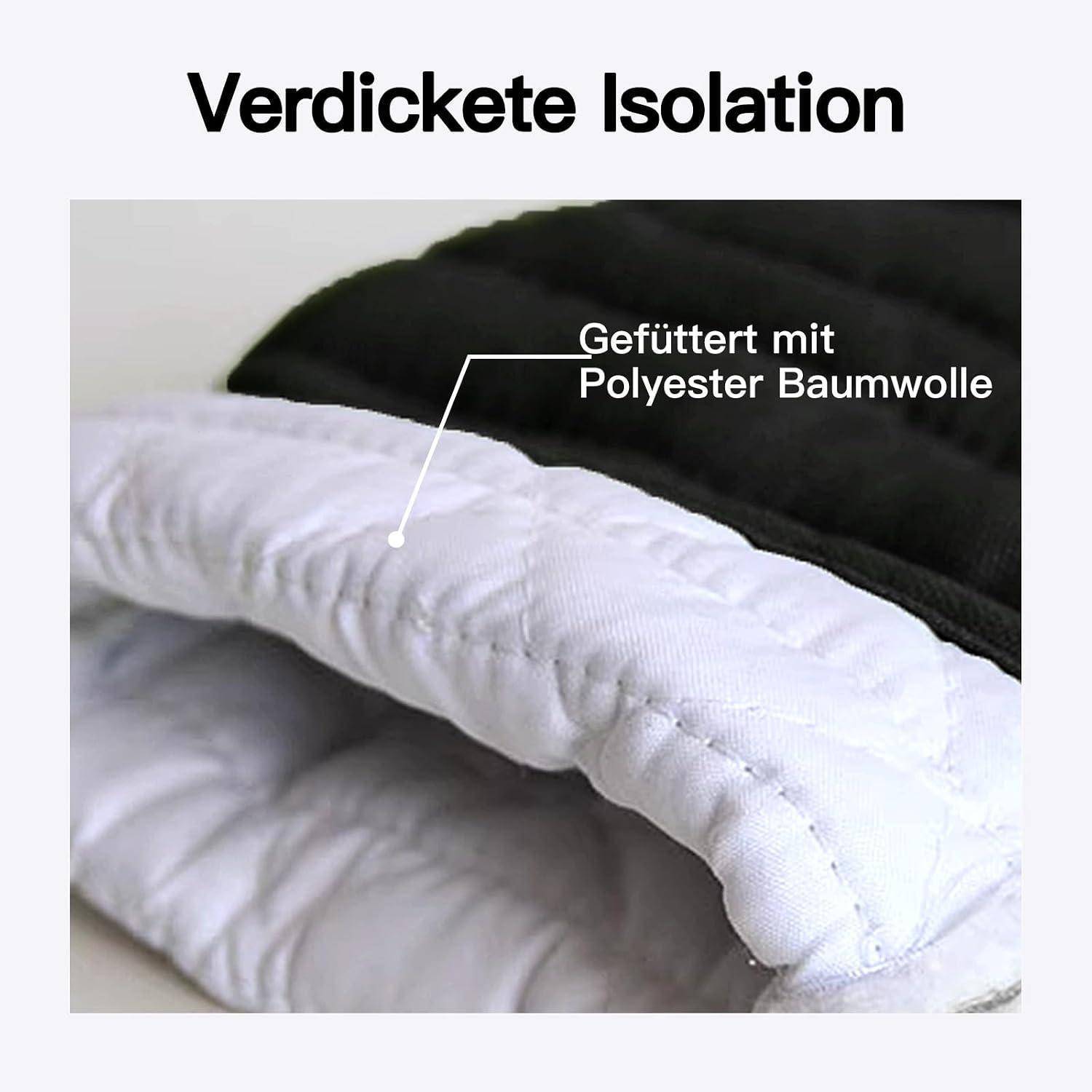 Nahaufnahme von gesteppten Schwarz-Weiß-Deckenlagen mit den Etiketten „Verdickete Isolation