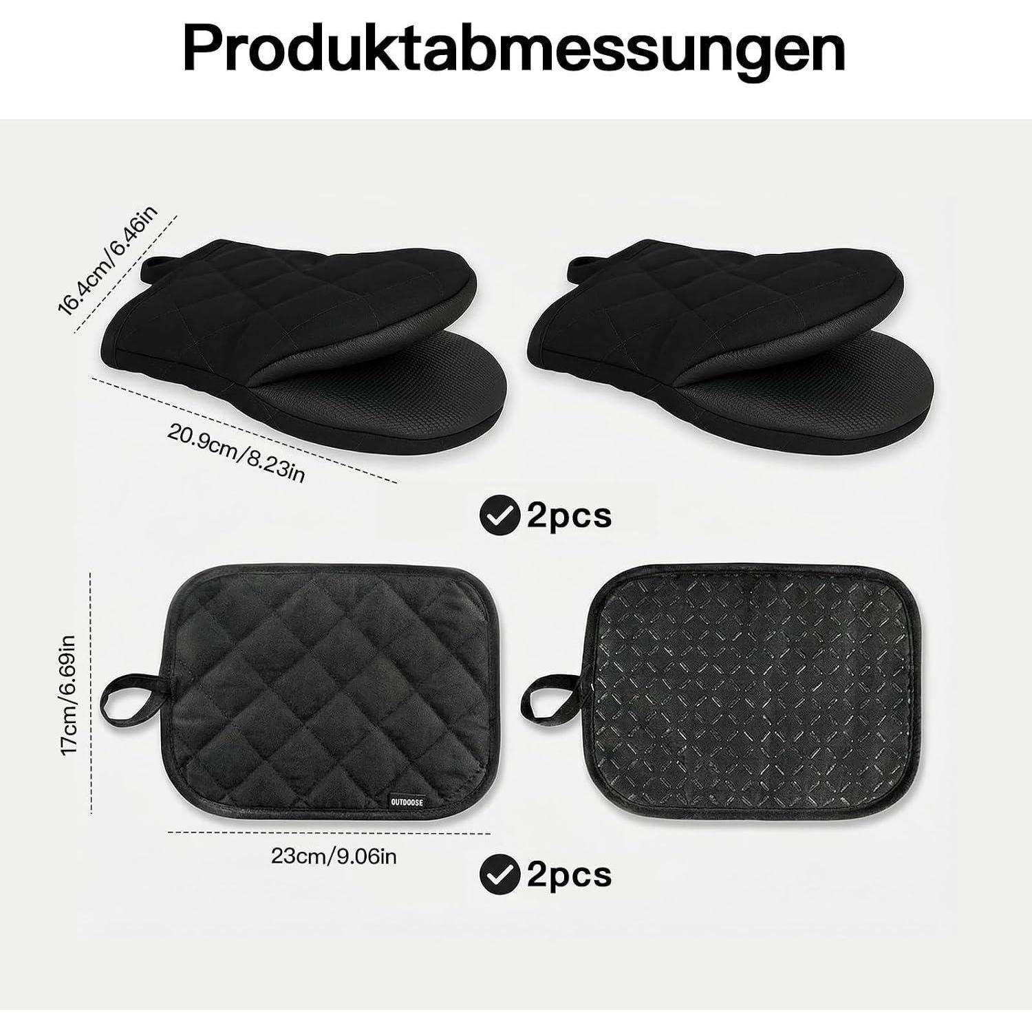 Produktdimensionen-Diagramm mit zwei schwarzen Hausschuhen in der Größe 20,9 cm x 16,4 cm und zwei gesteppten Polstern in der Größe 23 cm x 17 cm.
