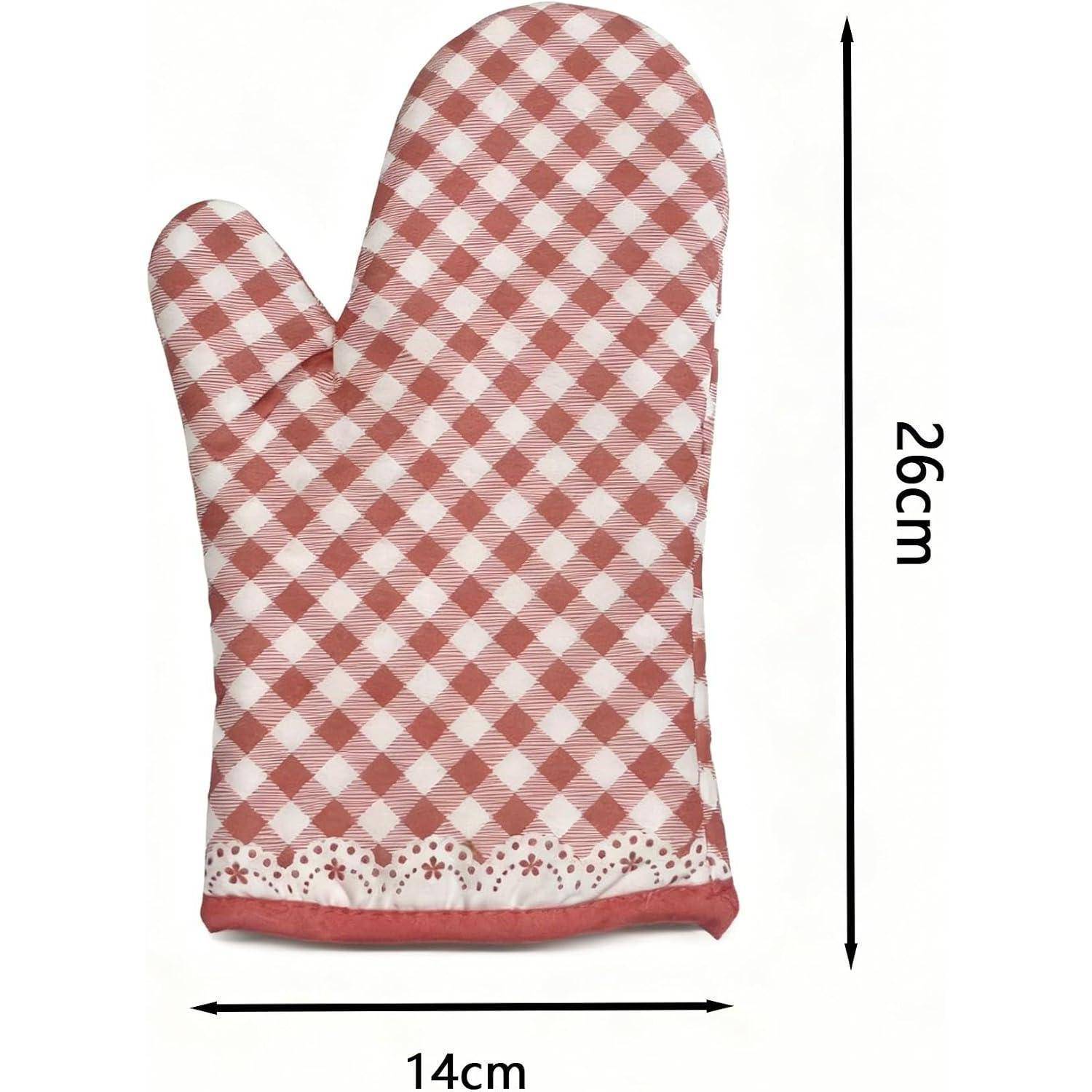 Rosa-weiß karierter Ofenhandschuh mit Spitzenkante, gezeigt mit Größenetikett 26 cm Höhe und 14 cm Breite.