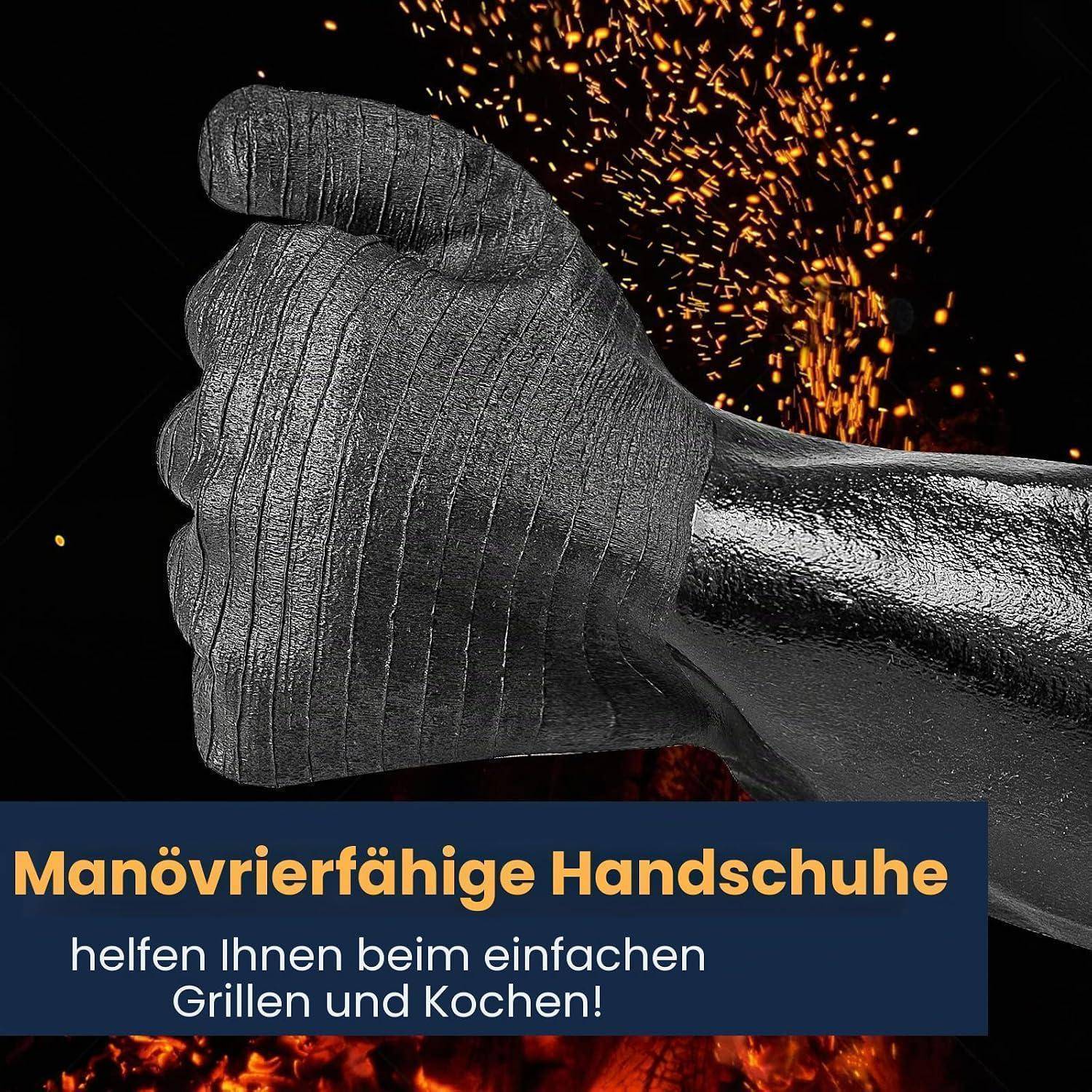 Werbebild eines hitzebeständigen Handschuhs, der ein heißes Objekt mit Funken ergreift, beschriftet in Deutsch „Manövrierfähige Handschuhe