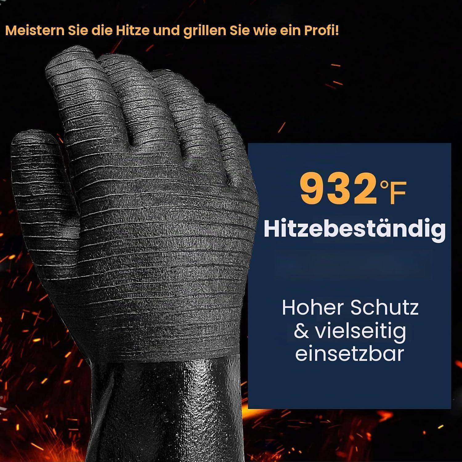Hitzebeständiger Grillhandschuh mit deutschem Text „932°F Hitzebeständig