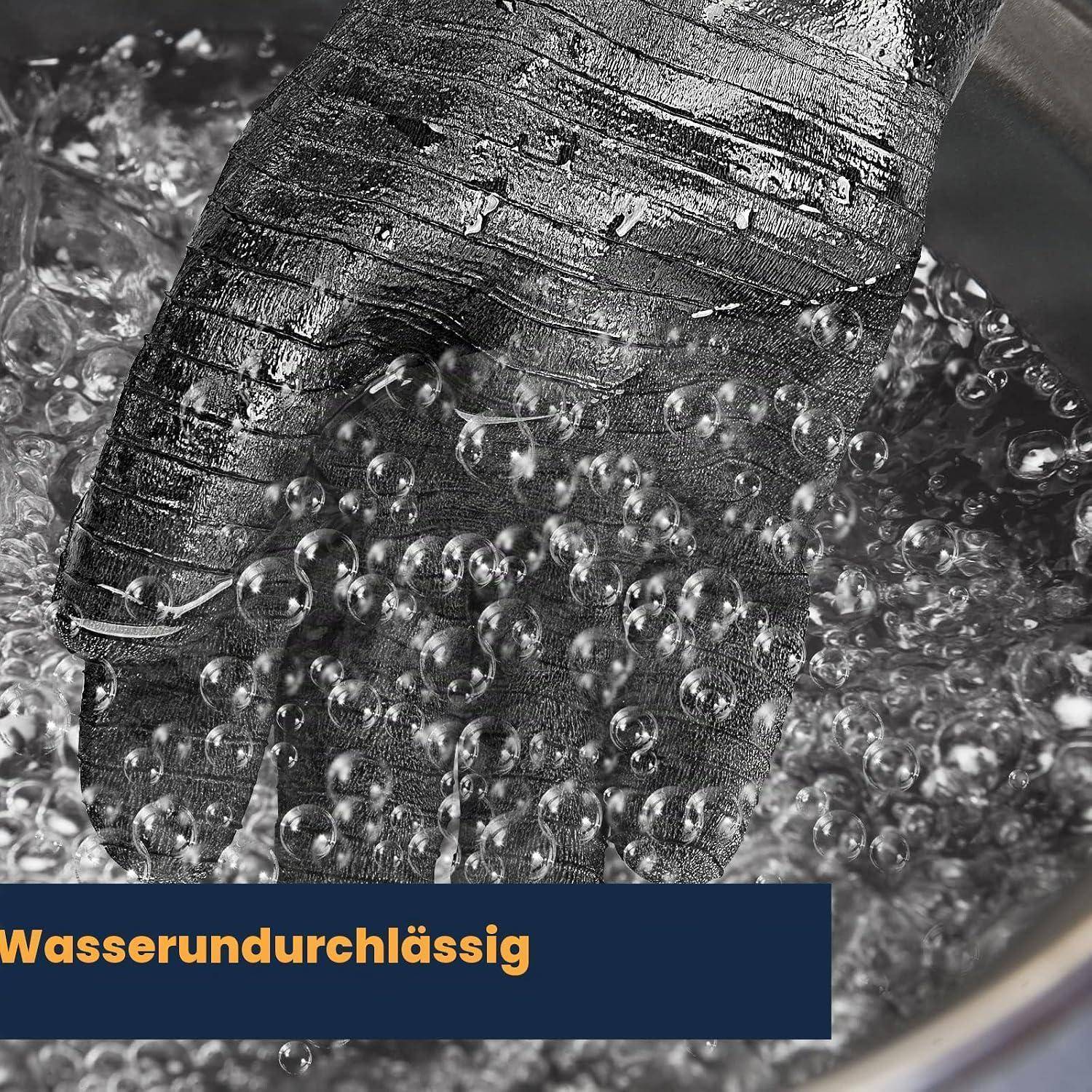 Nahaufnahme eines wasserdichten schwarzen Materials im Wasser, mit aufsteigenden Blasen; die Bildunterschrift lautet „Wasserundurchlässig