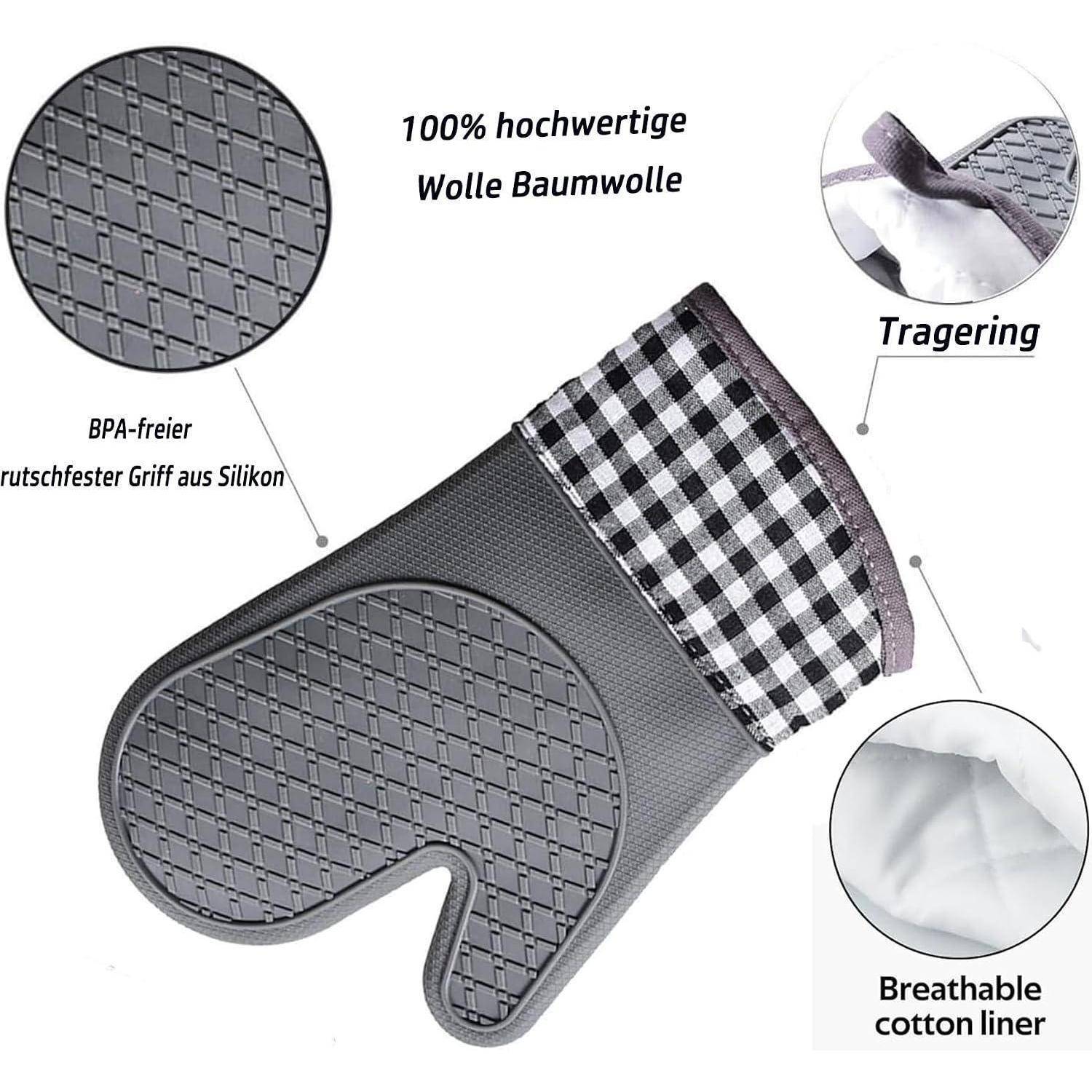 Produktbild eines grauen Ofenhandschuhs mit strukturiertem Silikongriff, Baumwollfutter und Aufhängeschlaufe, gekennzeichnet als BPA-frei und hitzebeständig.