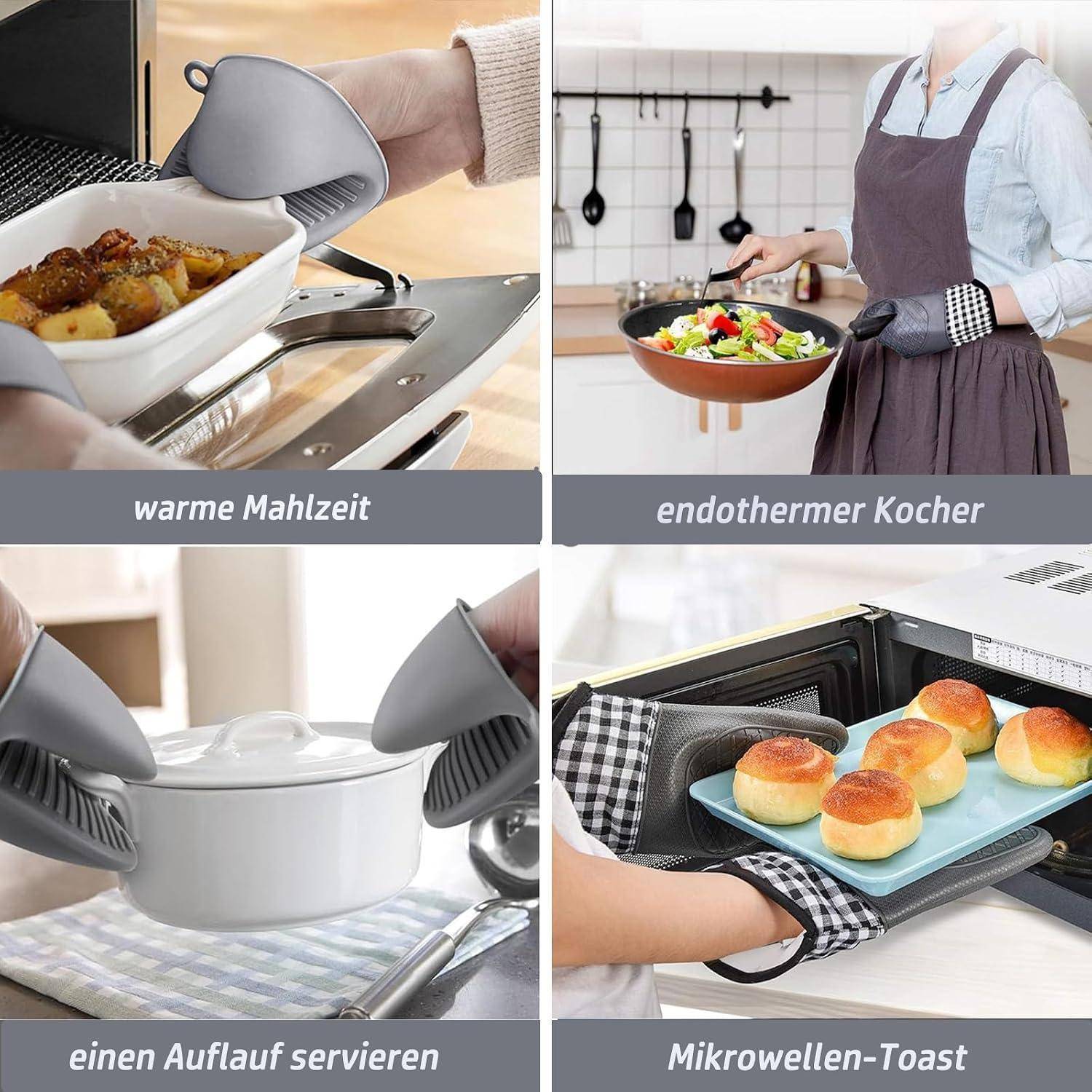 Vierteiliges Collage, das graue Ofenhandschuhe zeigt, die heiße Gerichte handhaben: warme Mahlzeit, endothermer Kocher, servierte Auflaufform und Mikrowellen-Toast.