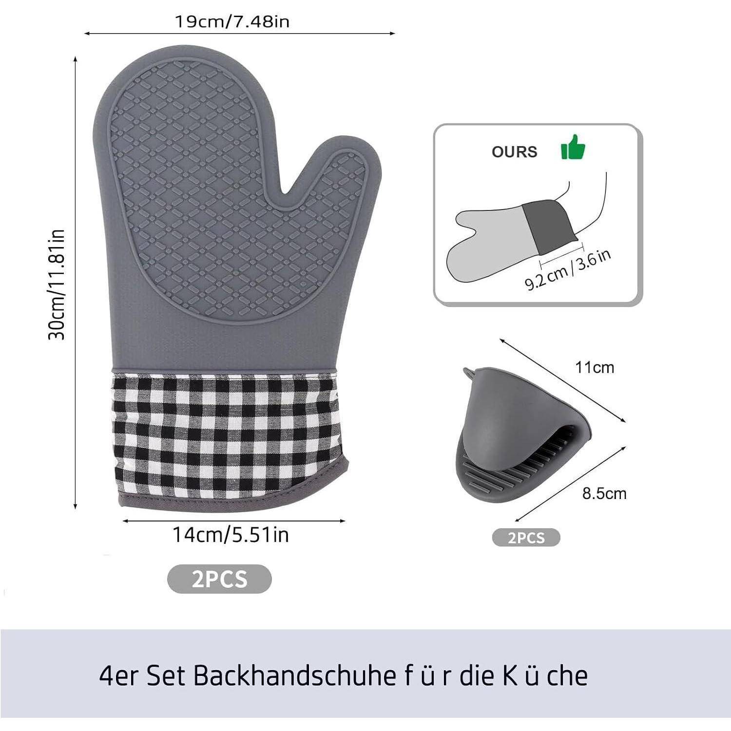 Produktbild eines grauen Ofenhandschuh-Sets, das einen Handschuh mit karierter Manschette, Größenmessungen und ein kleines Einsatzbild zeigt, das die Handabdeckung und die gefaltete Form demonstriert; gekennzeichnet mit 2STK.