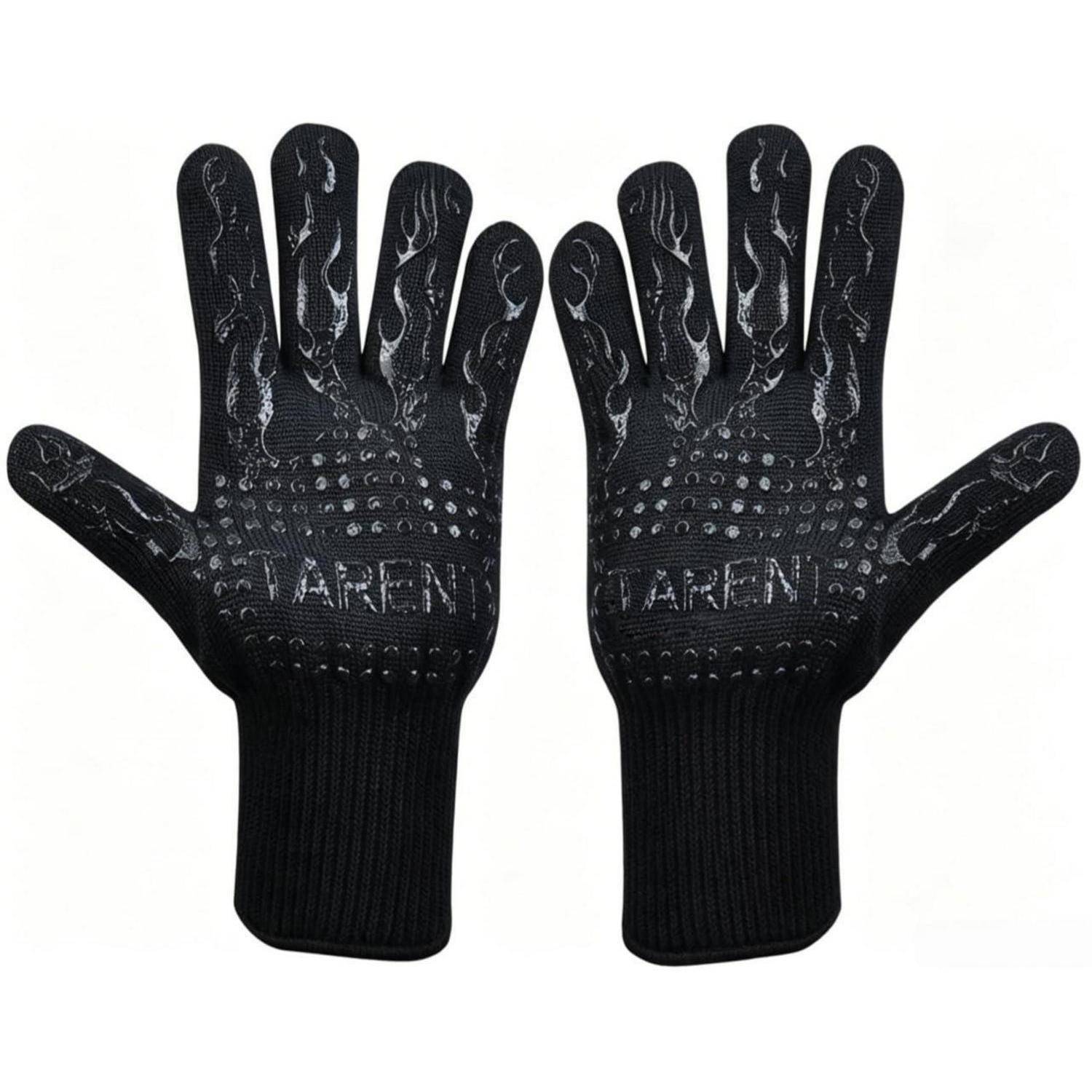 Paar schwarze strukturierte Handschuhe mit Griffpunkten in der Handfläche und weißem Flammenmuster, nebeneinander auf weißem Hintergrund angezeigt.