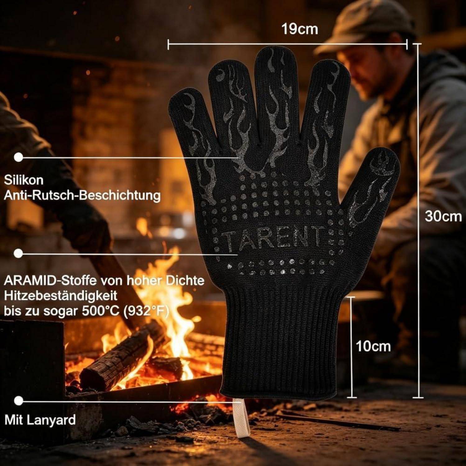 Hitzebeständiger schwarzer Handschuh mit Silikon-Rutschschutz-Beschichtung und Umhängeband, gezeigt mit 19 cm Breite und 30 cm Länge; Text hebt 500°C-Beständigkeit hervor.