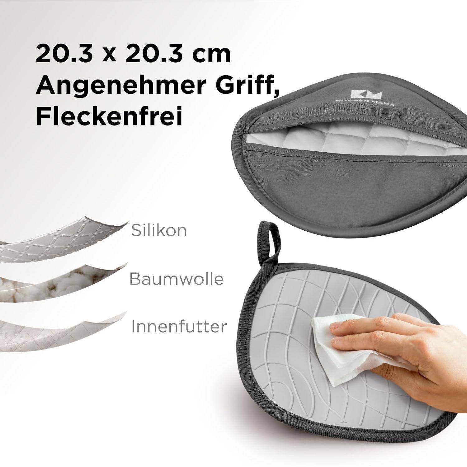 Produktbild einer grauen Ofenhandschuhe/Topfhalter, gekennzeichnet mit 20,3 x 20,3 cm, mit deutschem Text, der bequemen Griff, Fleckenbeständigkeit und Silikon-, Baumwoll- und Innenfütterungsschichten hervorhebt.