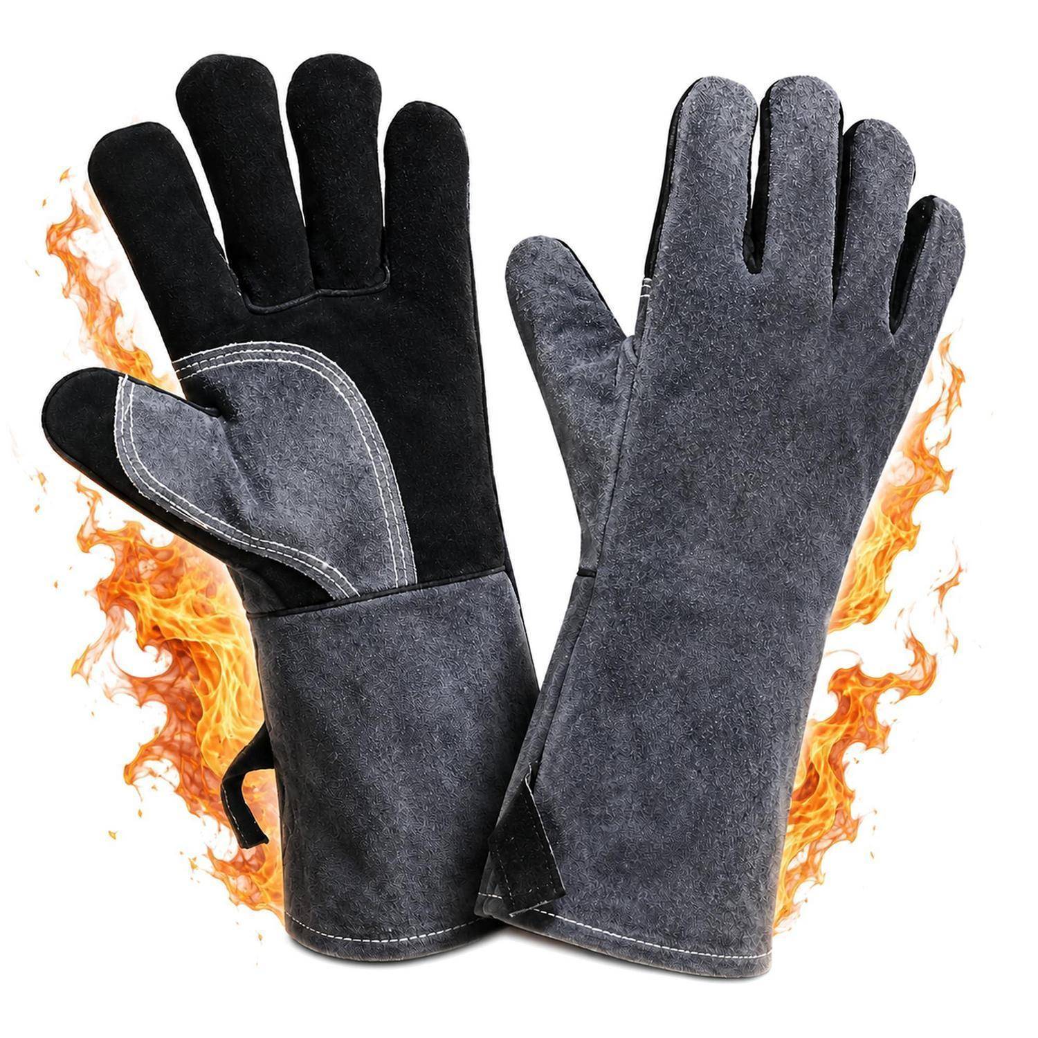 Paar hitzebeständige Schweißhandschuhe, Schwarz- und Grauledel, mit Flammen dahinter dargestellt, um Brandschutz anzuzeigen.