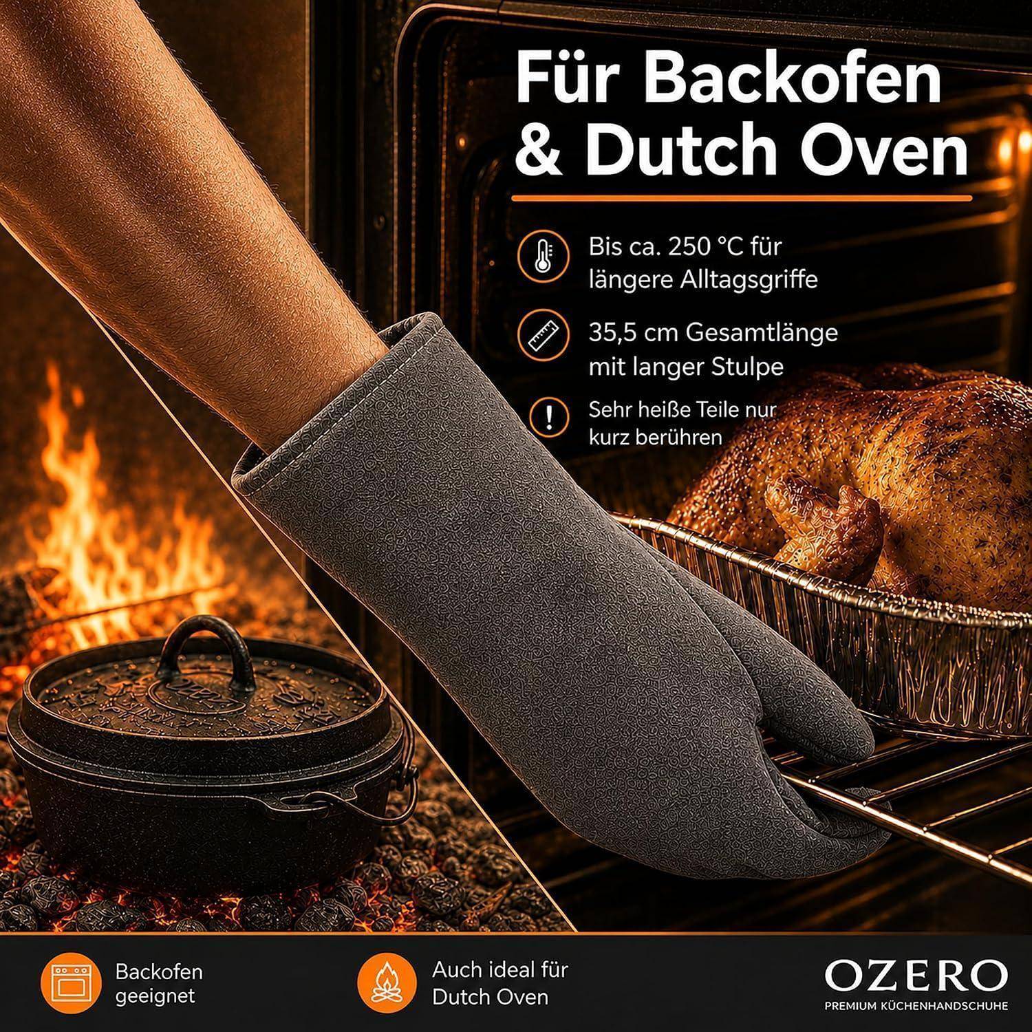 OZERO Ofenhandschuh hält ein heißes Gestell in einem beleuchteten Ofen, mit deutschem Text, das besagt, dass er für Öfen und Dutch Ovens geeignet ist, hitzebeständig bis etwa 250°C und 35,5 cm lang.