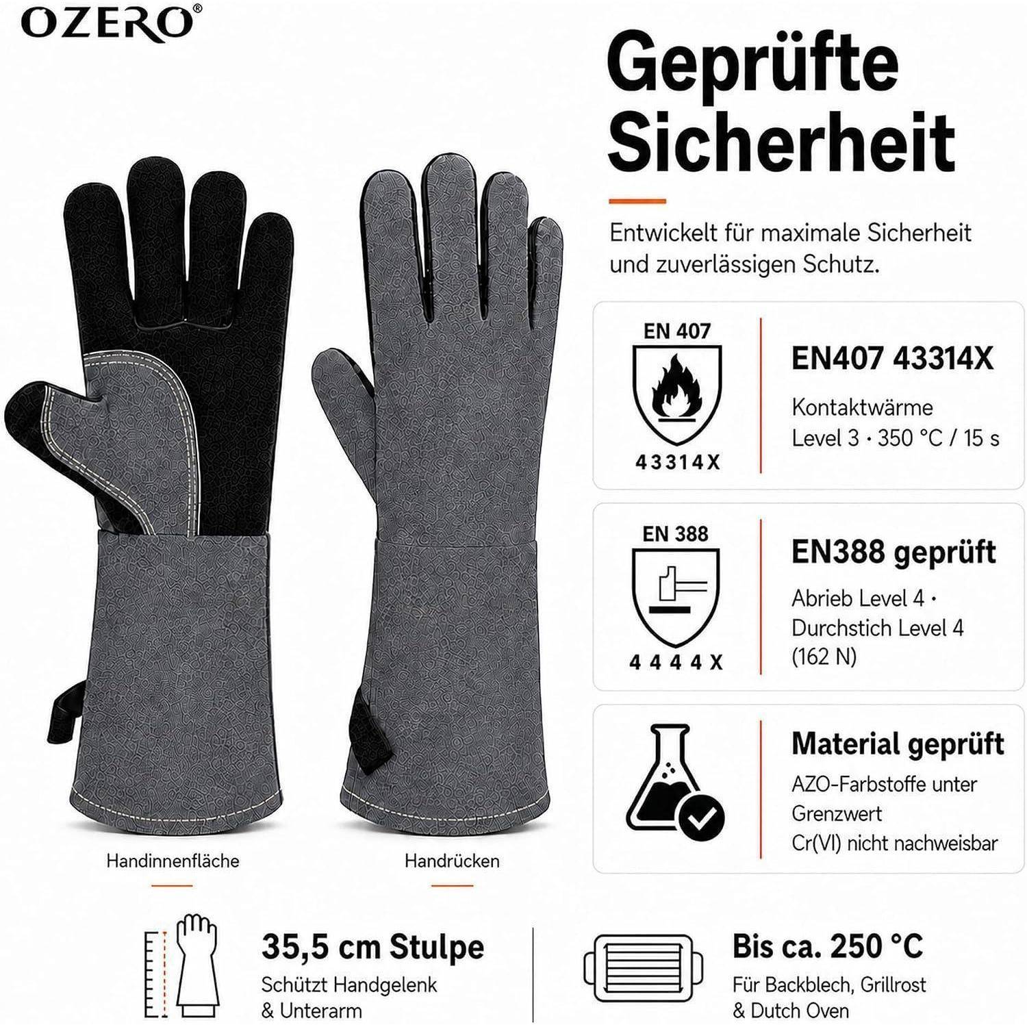 Schutzhandschuhe mit der Werbung 'Geprüfte Sicherheit': Handflächen- und Rückseiteansichten, EN 407 und EN 388 Bewertungen, Hitzebeständigkeit bis zu 250°C.