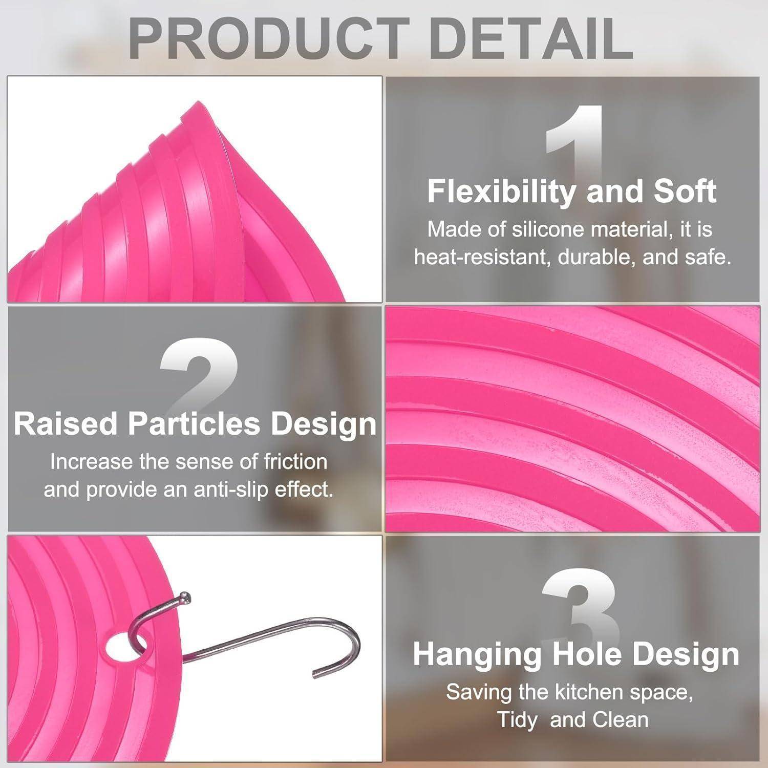 Produktdetail-Grafik mit einer rosa Silikonküchenunterlage: flexibel und weich, erhobene rutschfeste Struktur und ein Aufhängeloch für einfache Lagerung.